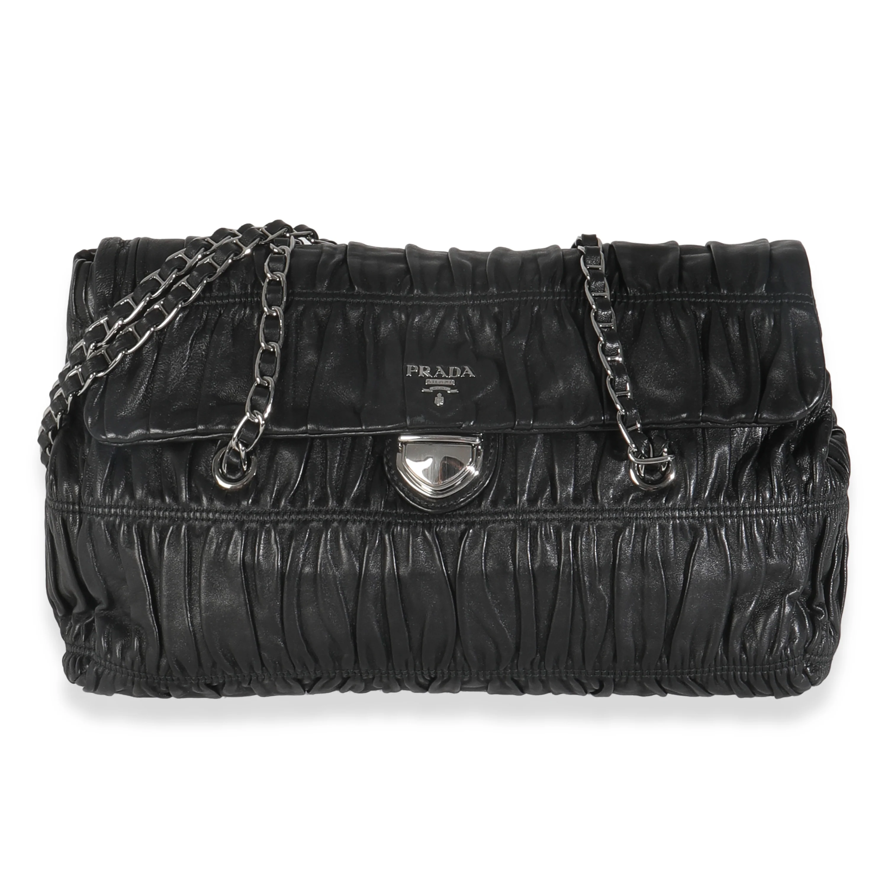 Black Ruched Nappa Chain Flap Bag