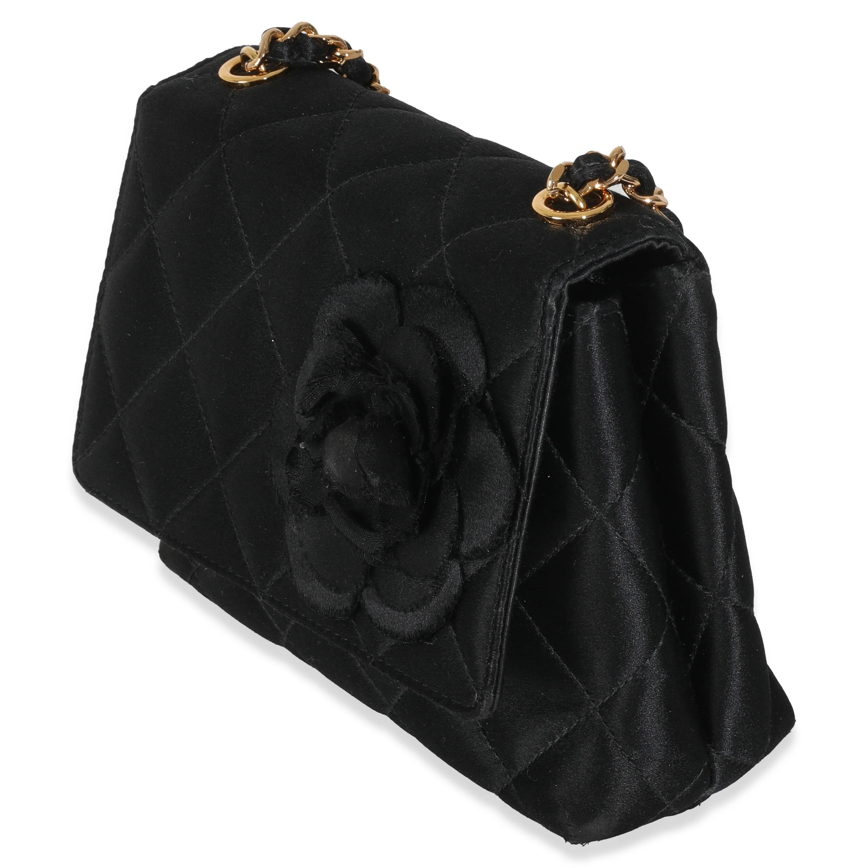Vintage Black Quilted Satin Camellia Extra Mini Flap Bag - Image 2