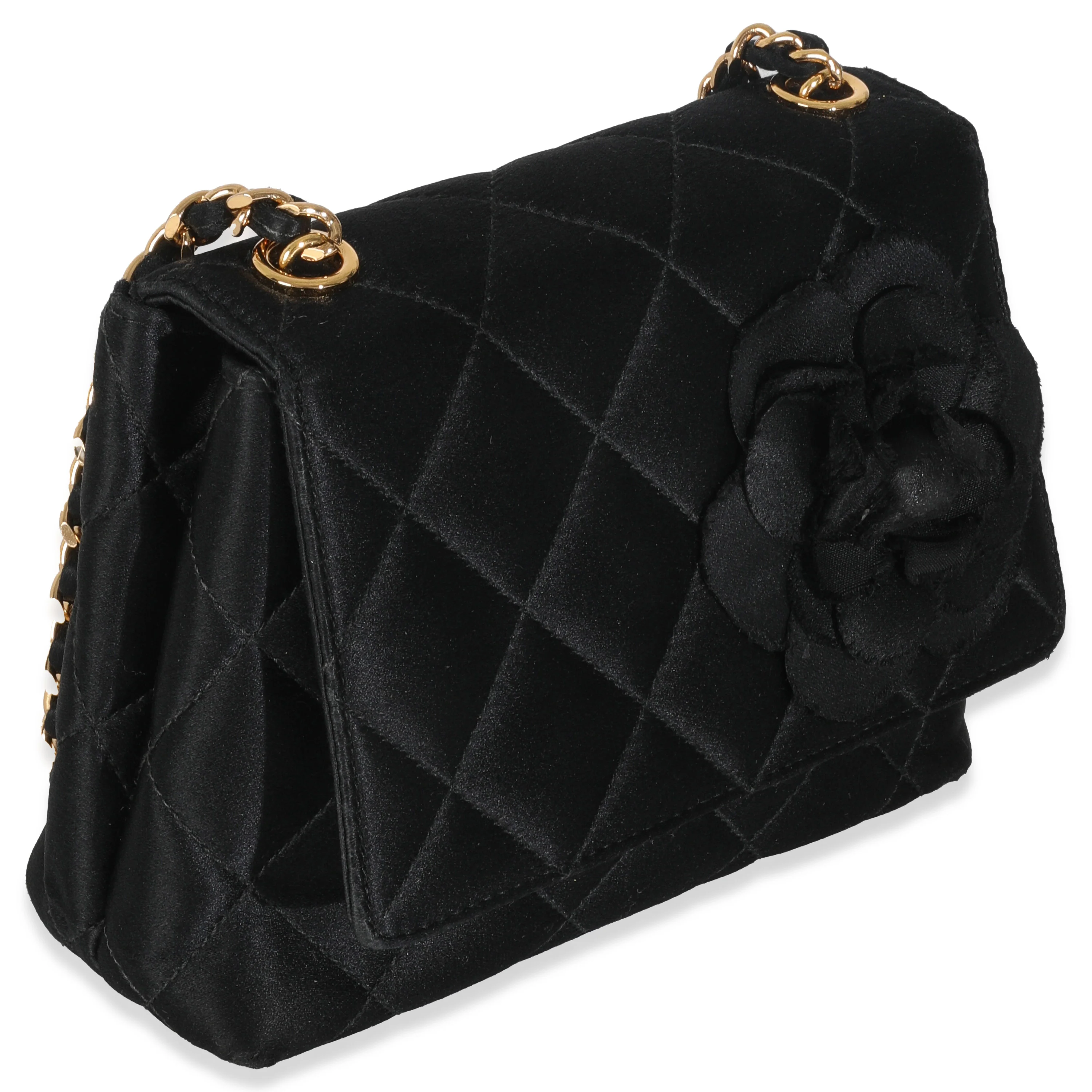 Vintage Black Quilted Satin Camellia Extra Mini Flap Bag - Image 3