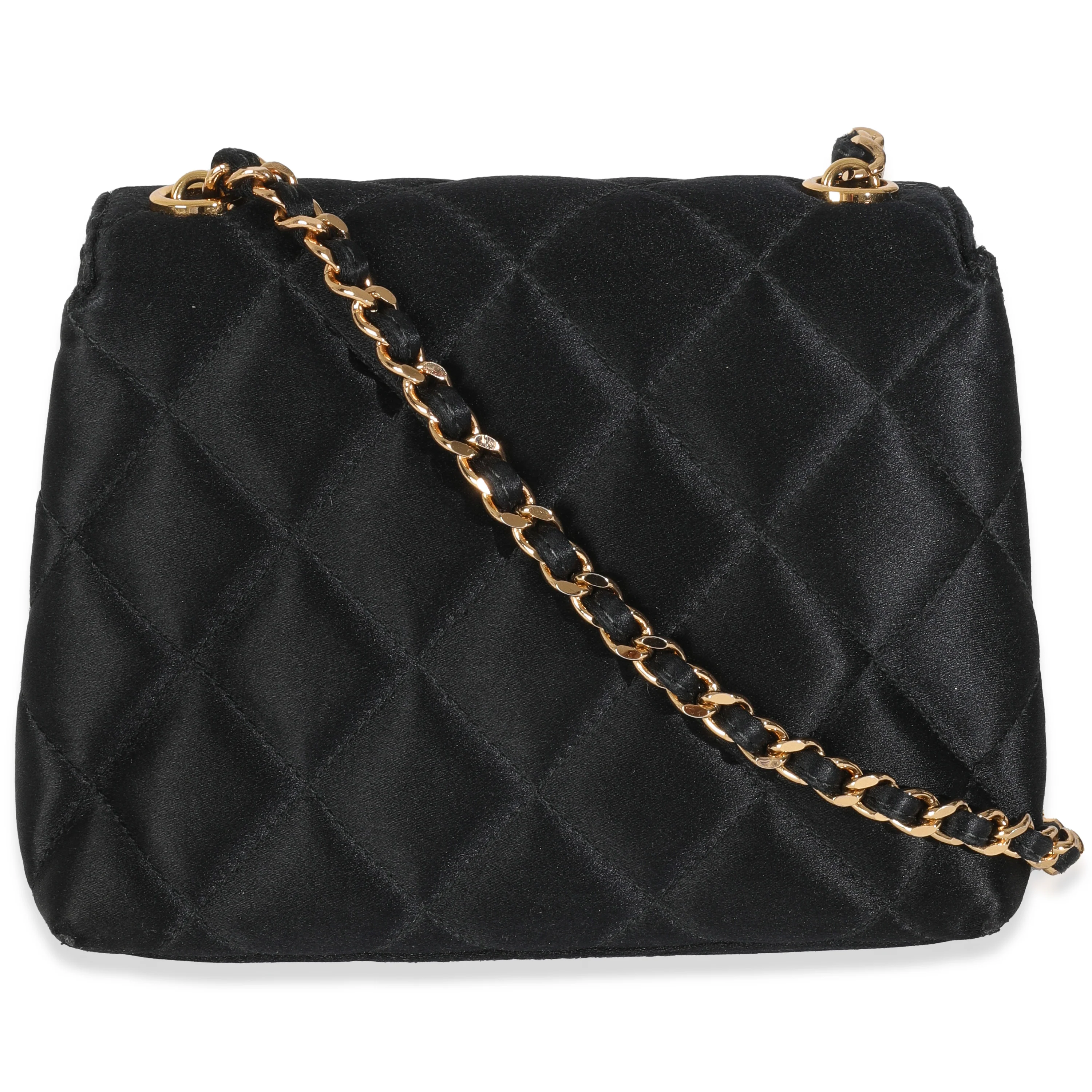 Vintage Black Quilted Satin Camellia Extra Mini Flap Bag - Image 4