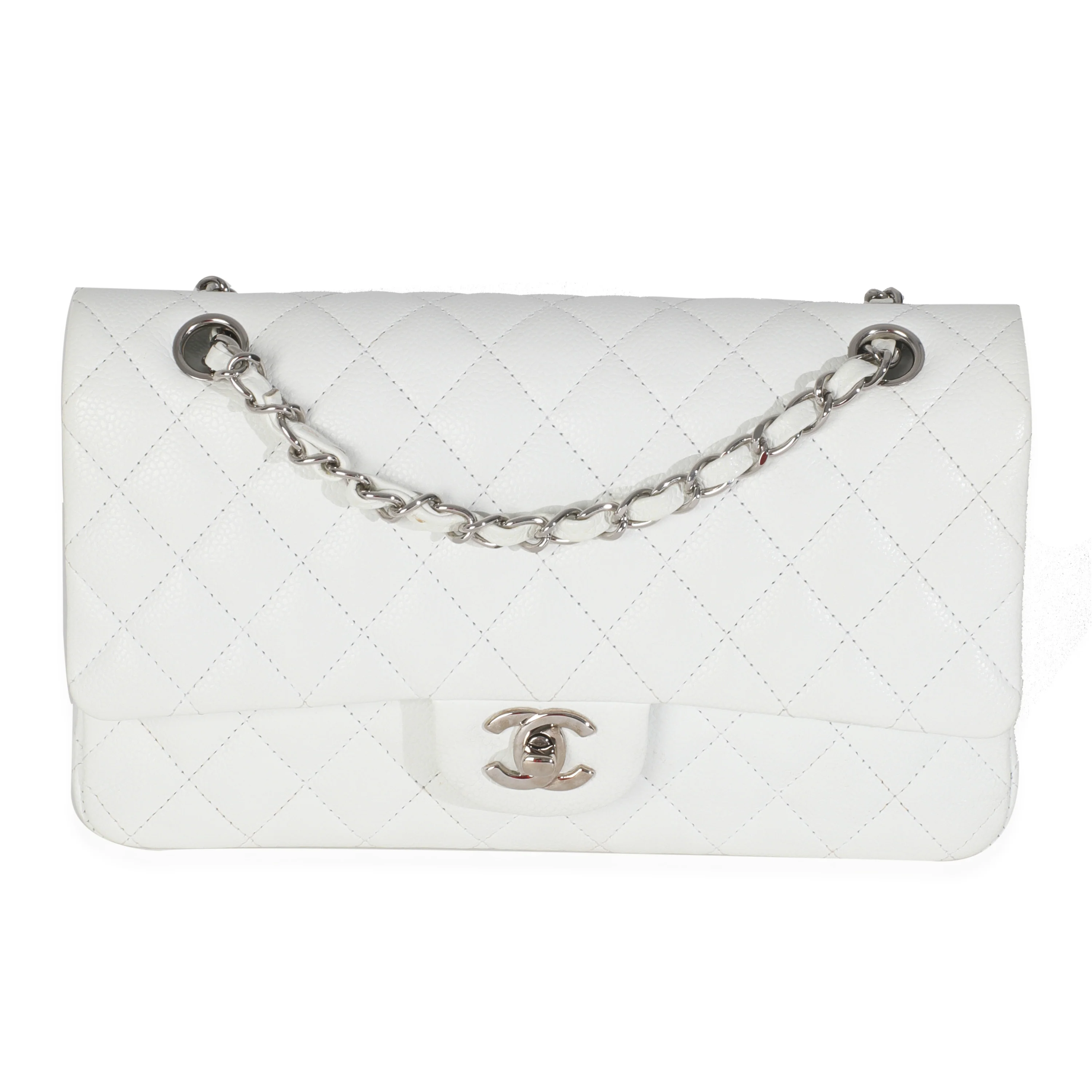 White Quilted Caviar Medium Classic Double Flap Bag