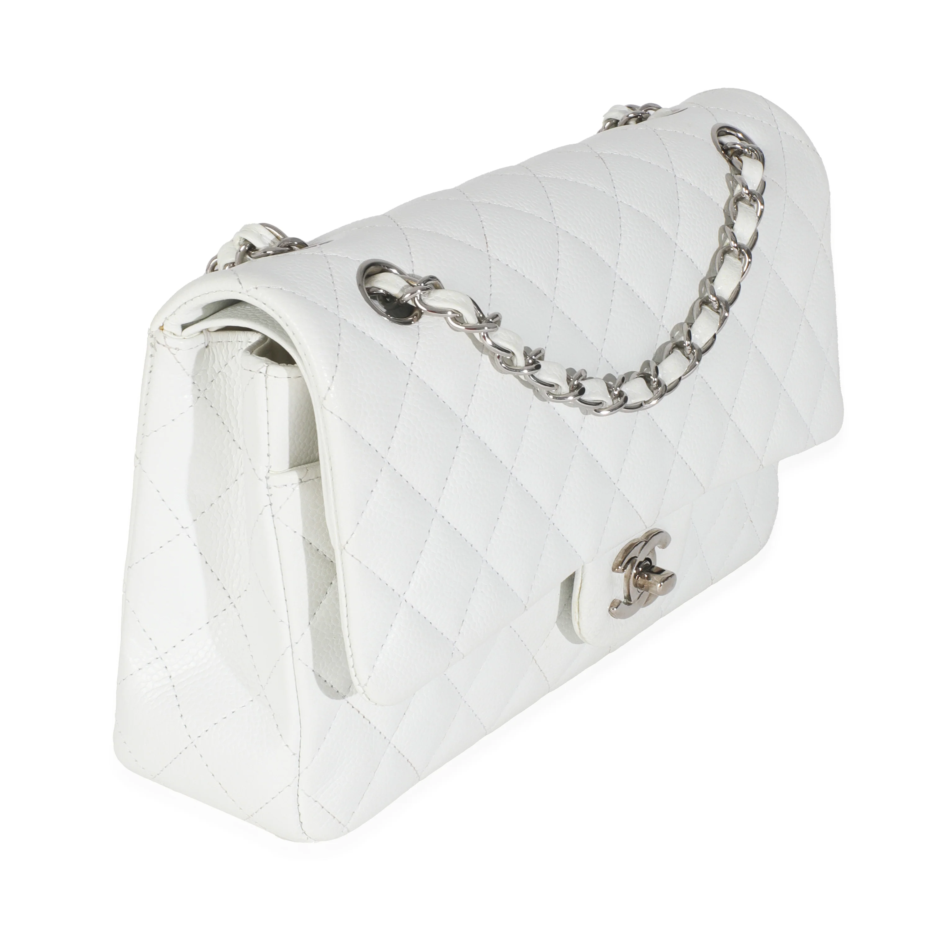 White Quilted Caviar Medium Classic Double Flap Bag - Image 5