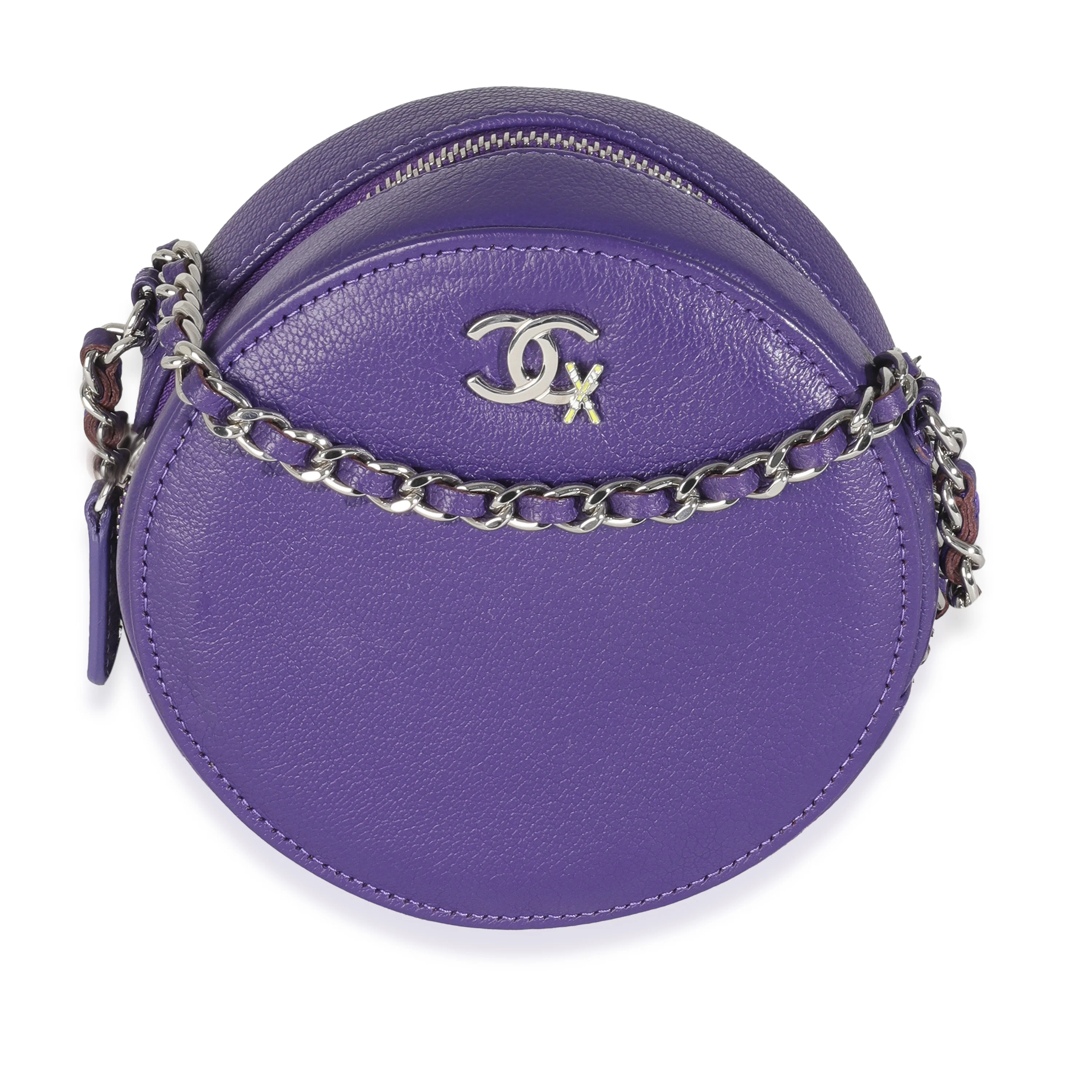 Purple Calfskin Ski Round Clutch With Chain