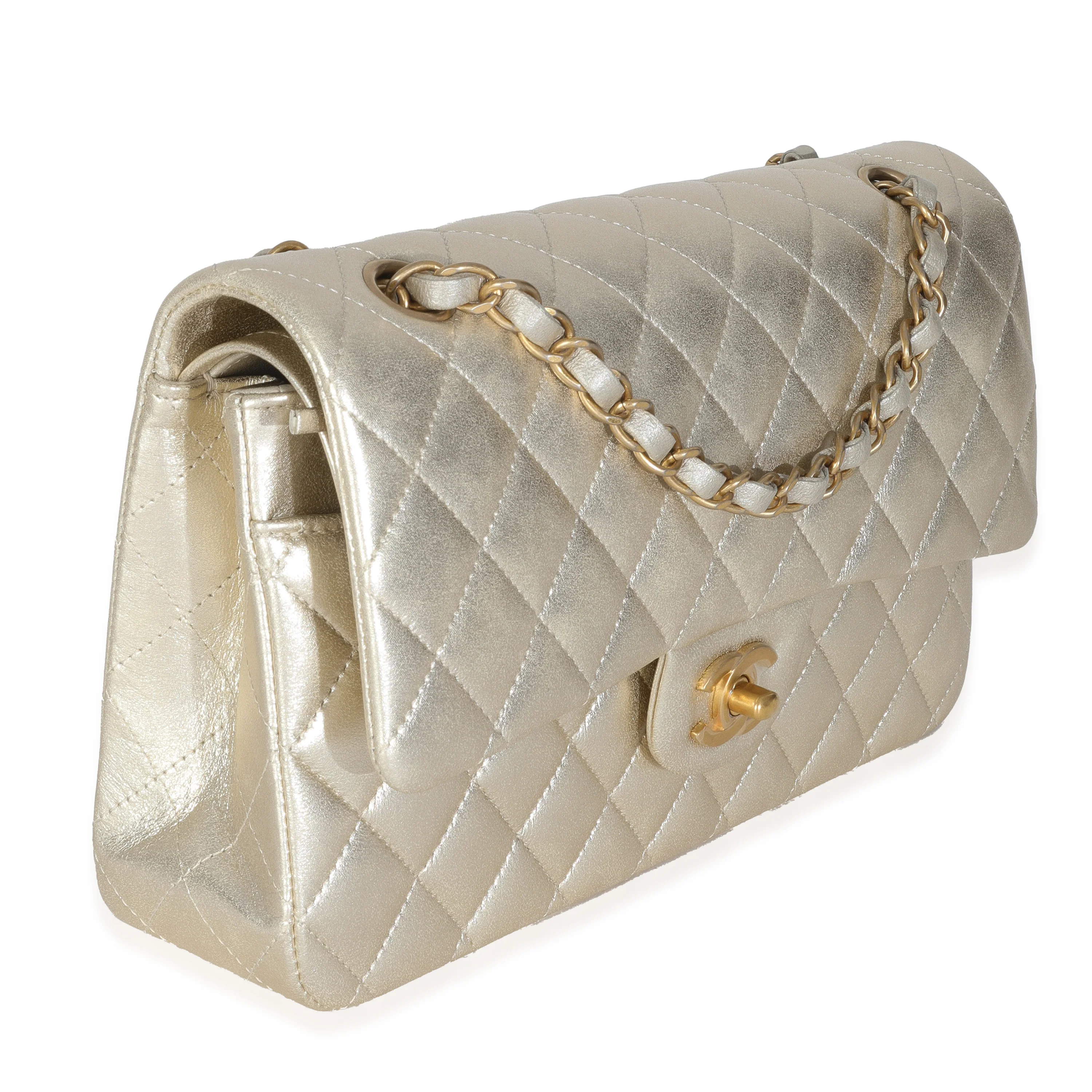 Gold Metallic Quilted Lambskin Medium Classic Double Flap Bag - Image 3