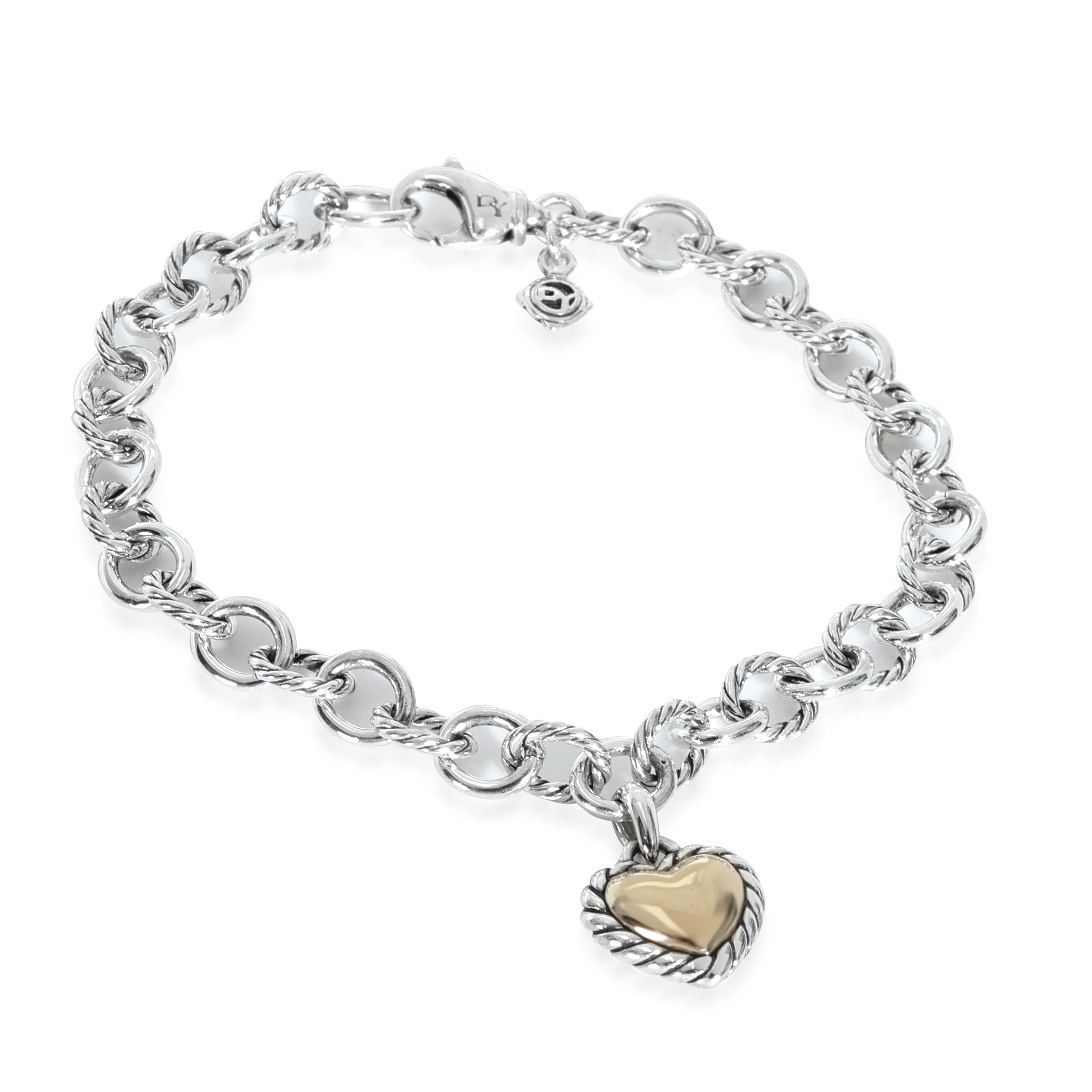 Yellow Gold & Sterling Silver  Cable Heart Charm Bracelet