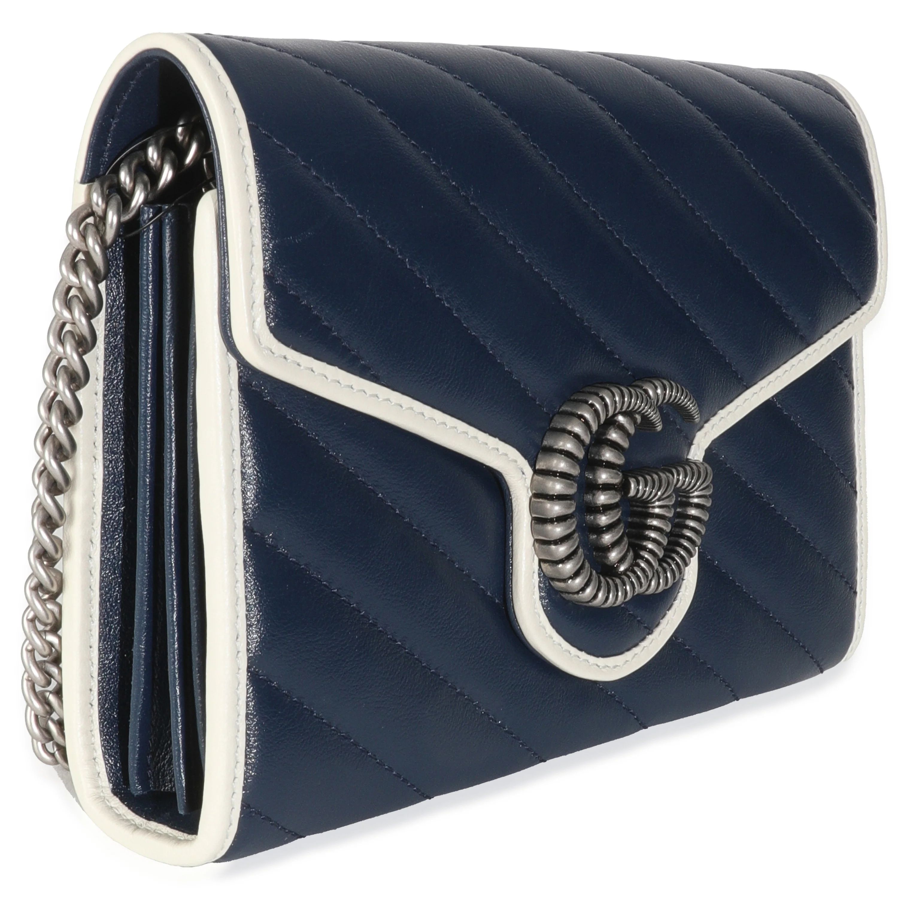Navy Calfskin Matelasse Diagonal Torchon GG Marmont Chain Wallet - Image 3