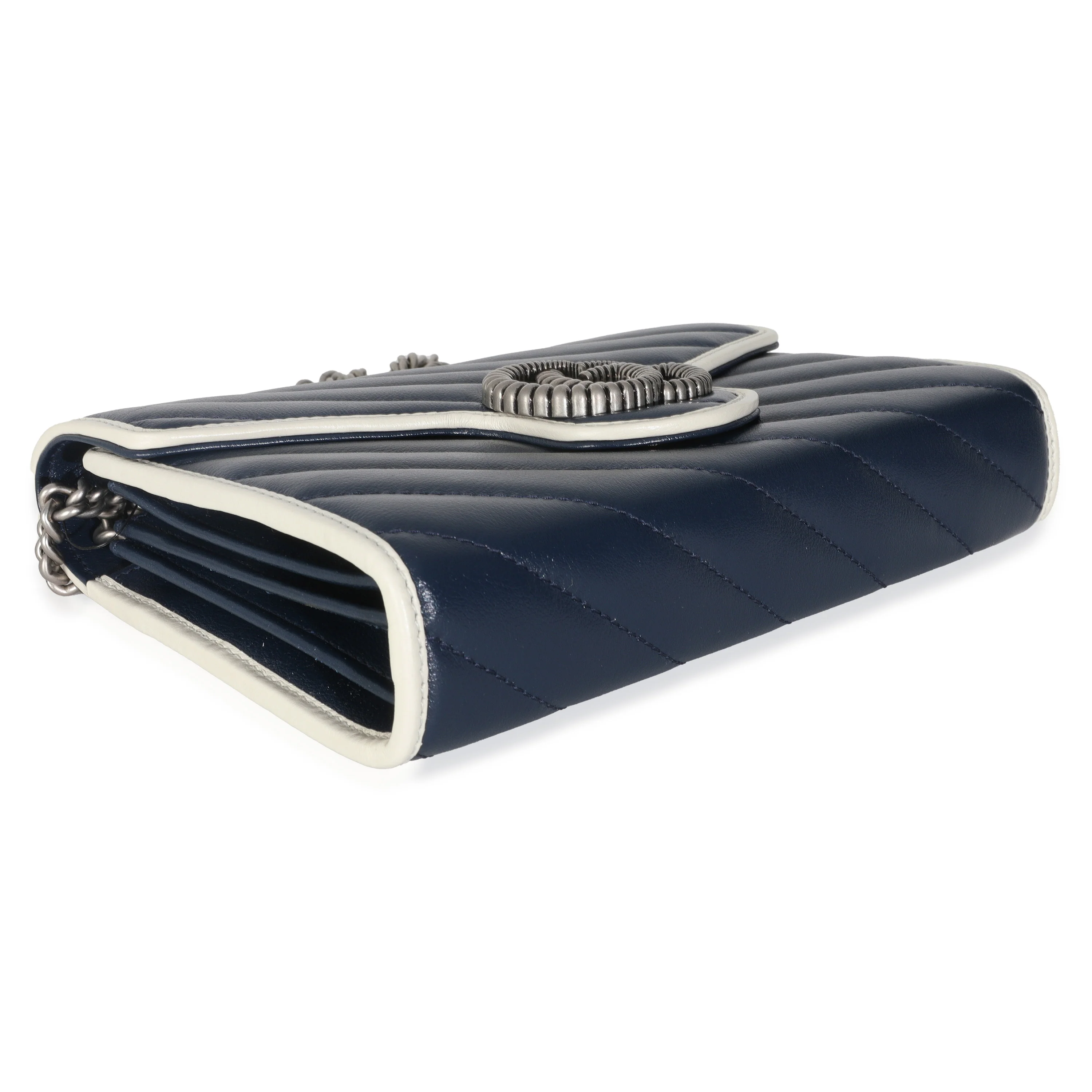 Navy Calfskin Matelasse Diagonal Torchon GG Marmont Chain Wallet - Image 6