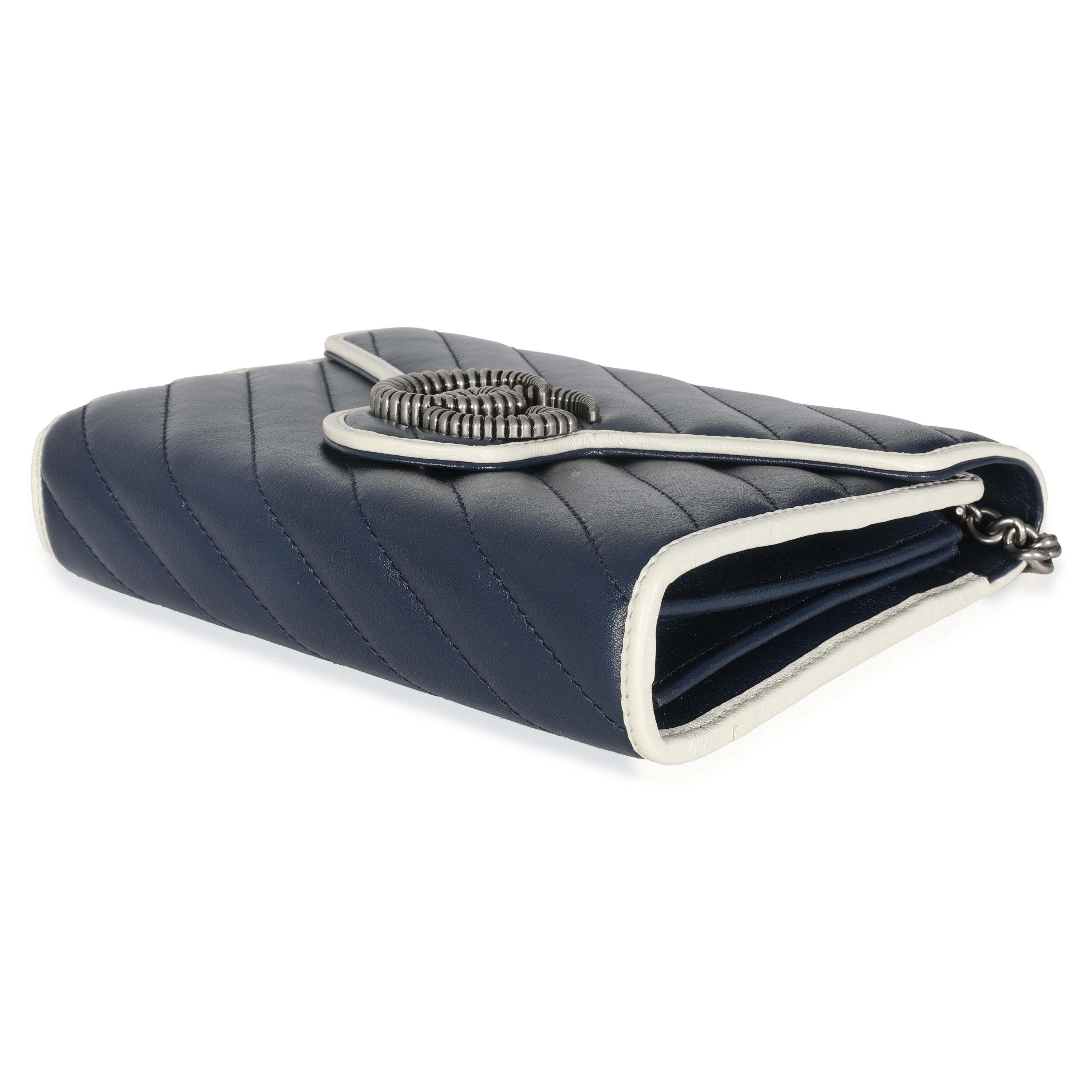 Navy Calfskin Matelasse Diagonal Torchon GG Marmont Chain Wallet - Image 7