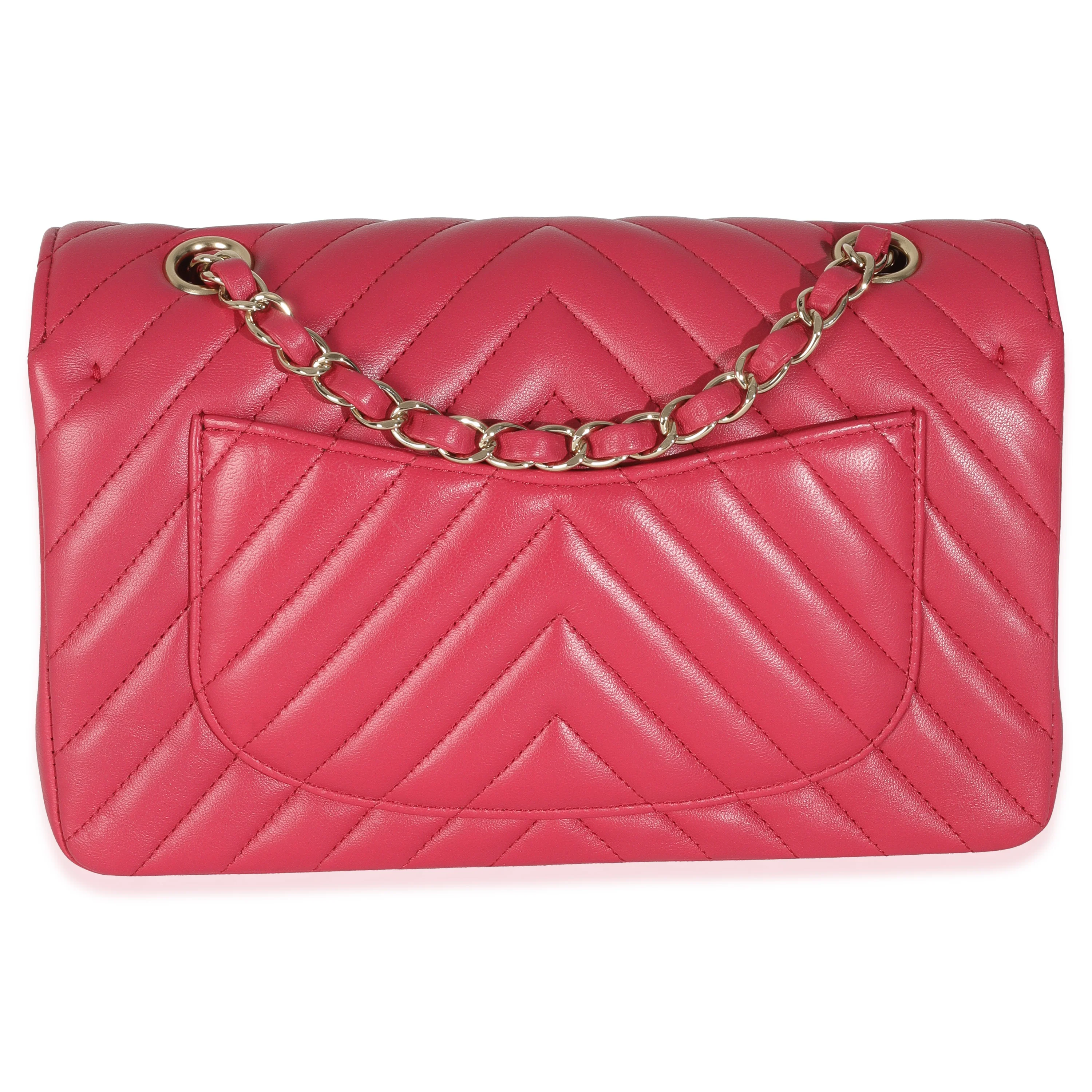 Dark Pink Chevron Lambskin Small Classic Double Flap Bag - Image 4