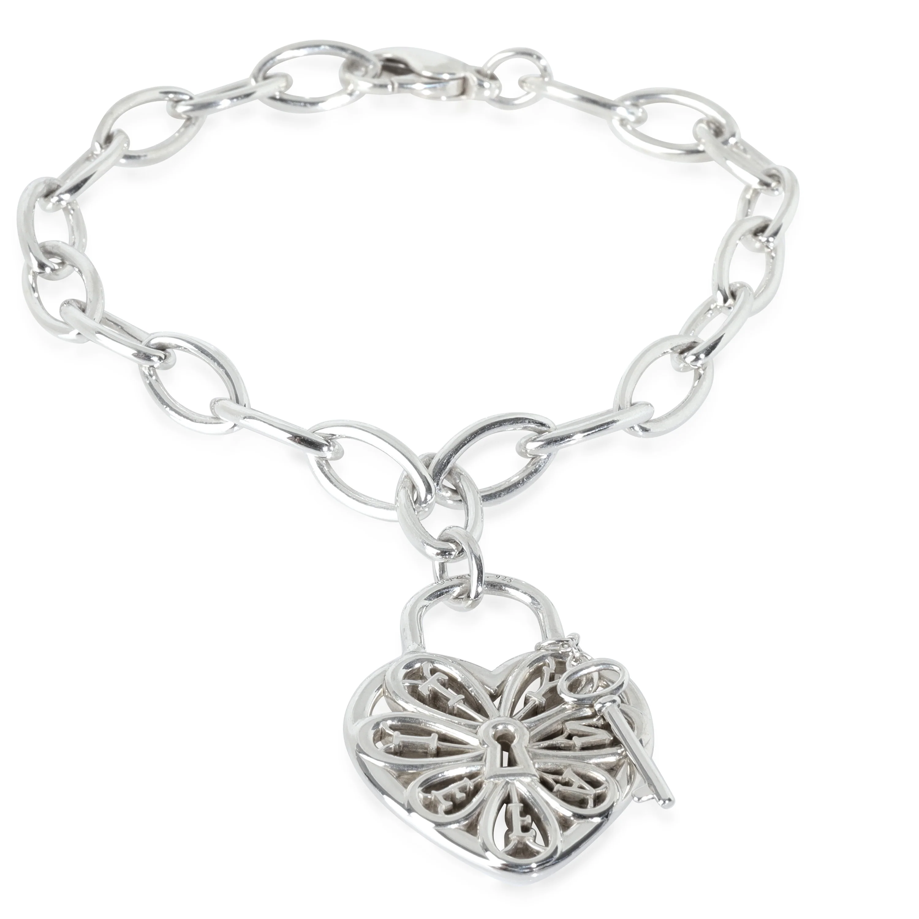 Sterling Silver Filigree Heart & Key Charm Bracelet