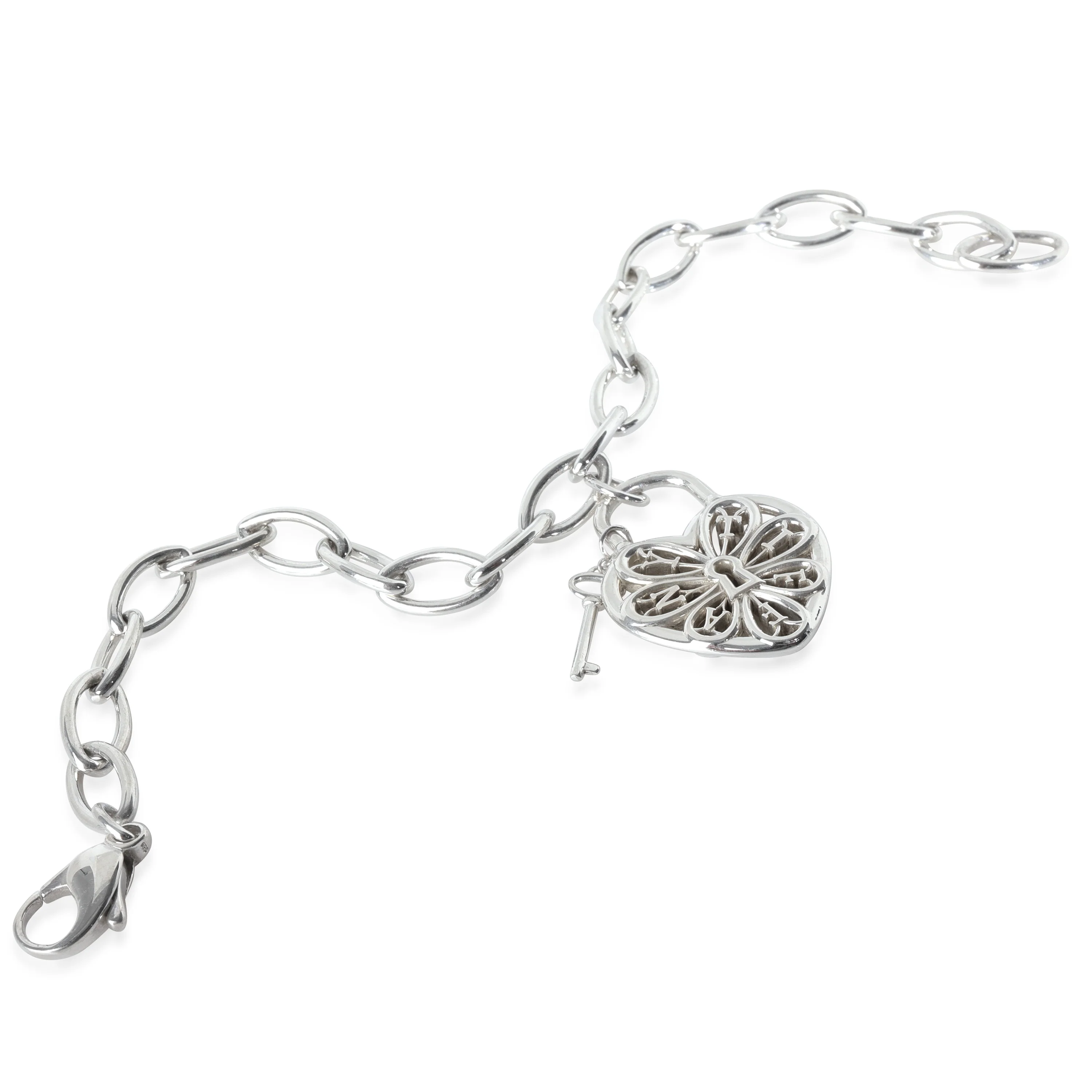 Sterling Silver Filigree Heart & Key Charm Bracelet - Image 2