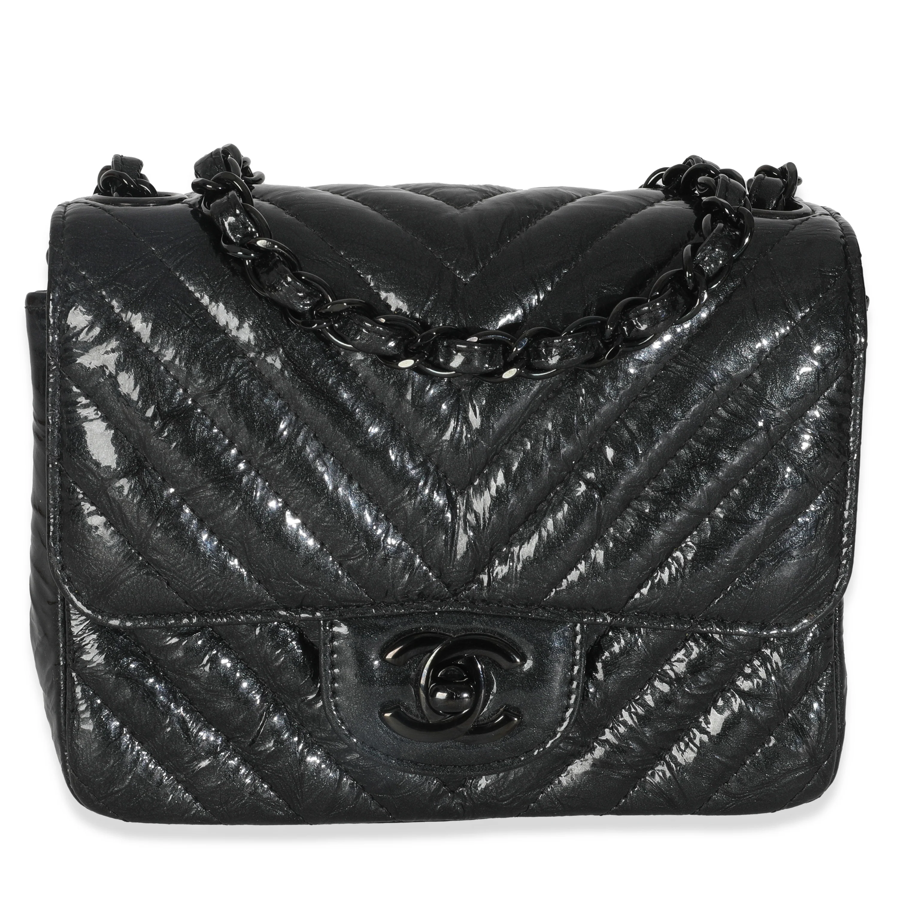 Black Metallic Patent Crumpled Calfskin Chevron Mini Square Flap Bag