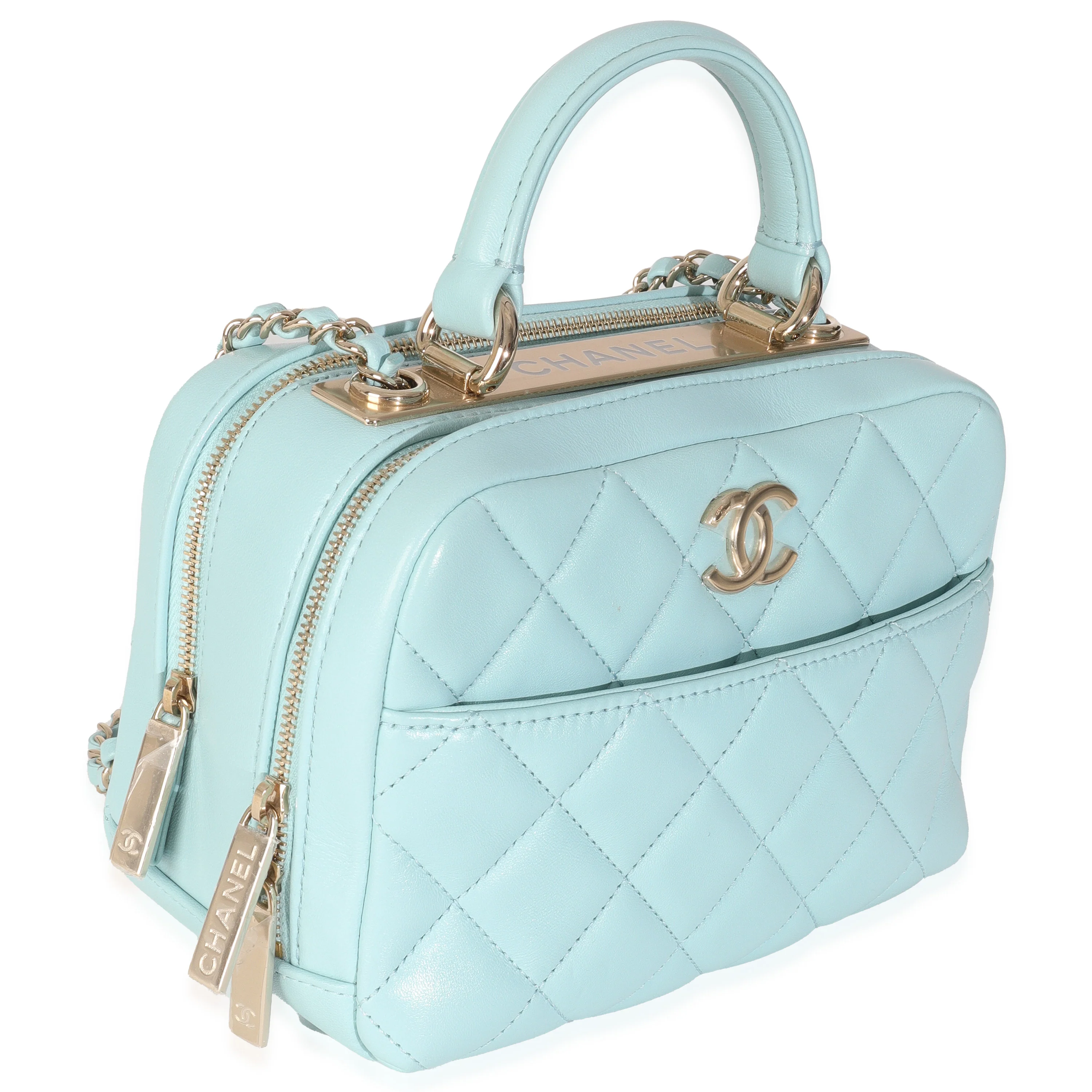 Light Blue Quilted Lambskin Small Trendy CC Bowling Bag - Image 3
