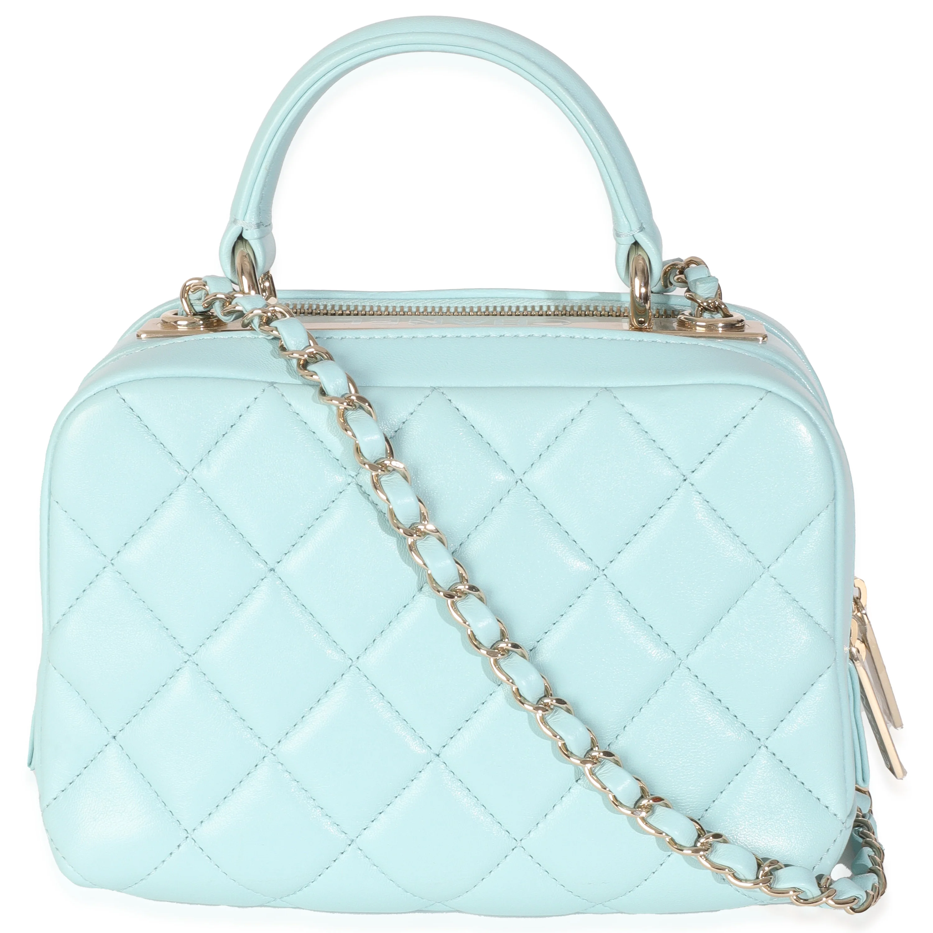 Light Blue Quilted Lambskin Small Trendy CC Bowling Bag - Image 4