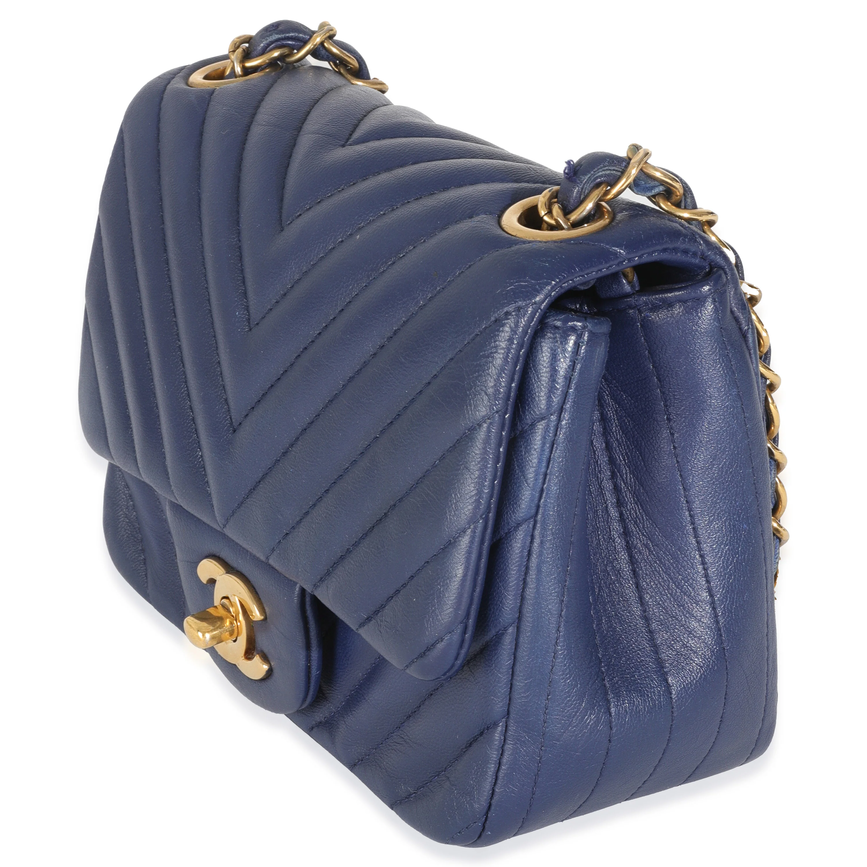 Navy Chevron Lambskin Mini Square Flap Bag - Image 2