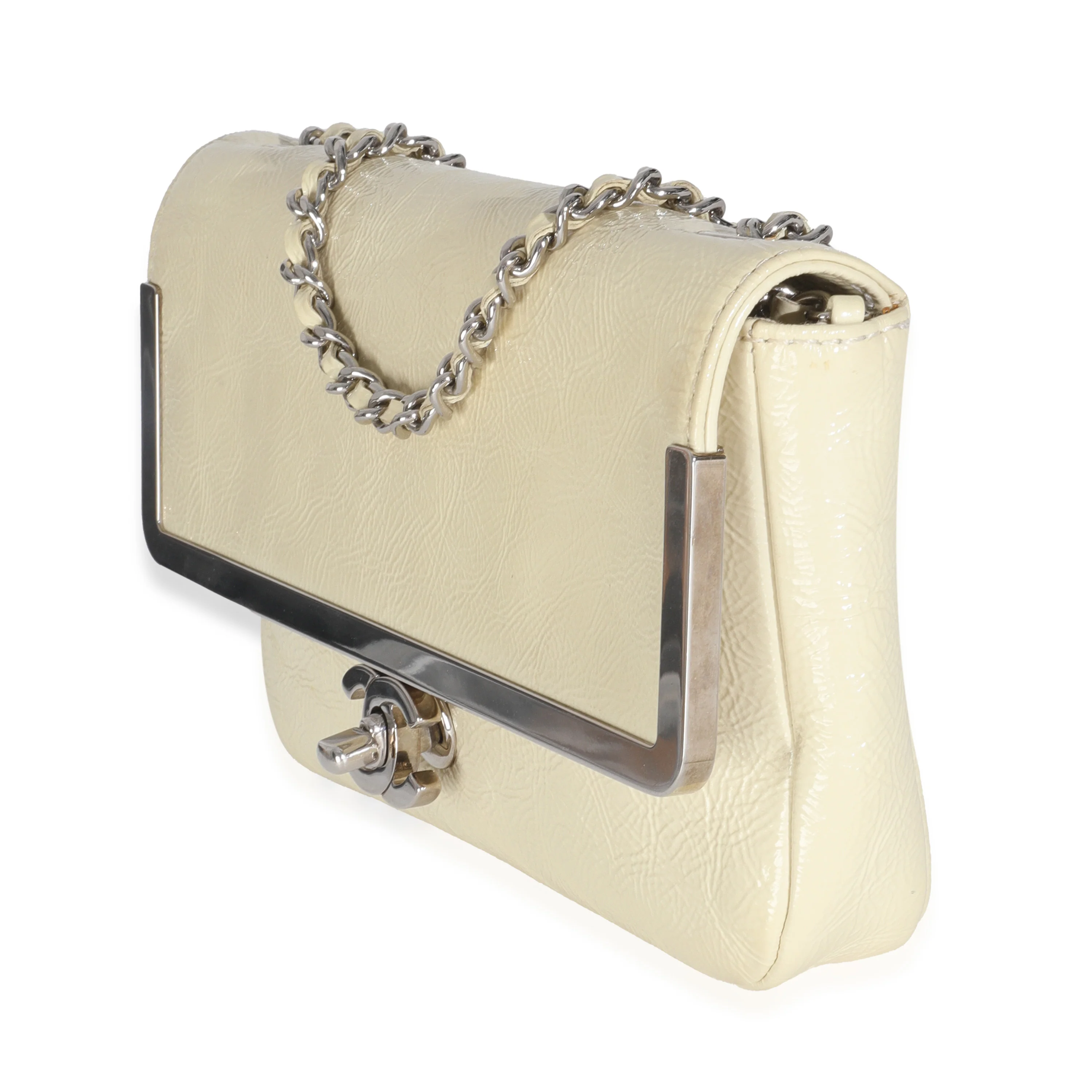 Cream Distressed Patent Calfskin Small Frame Single Flap Bag - Image 2