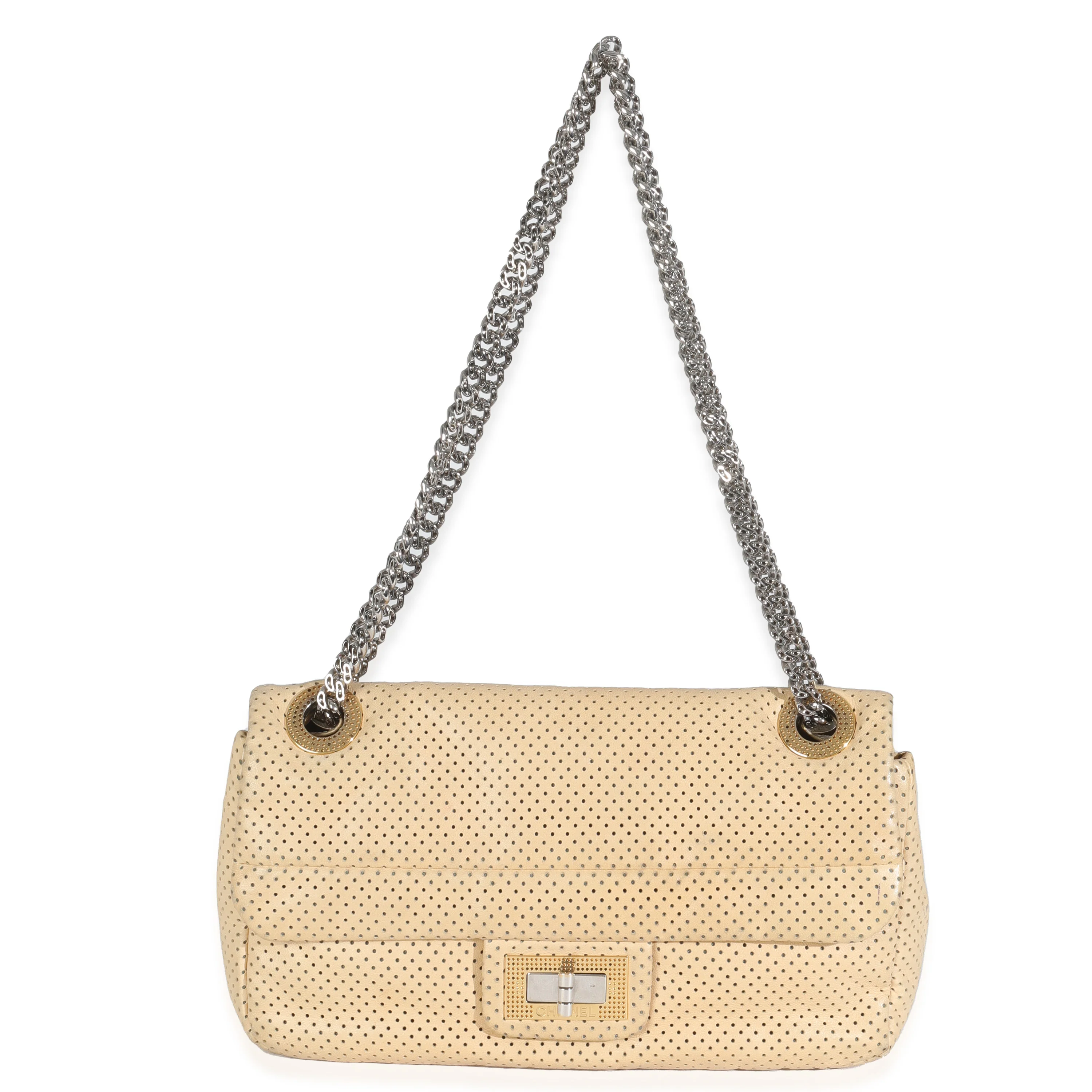 Beige Perforated  Lambskin Drill Flap Bag - Image 7