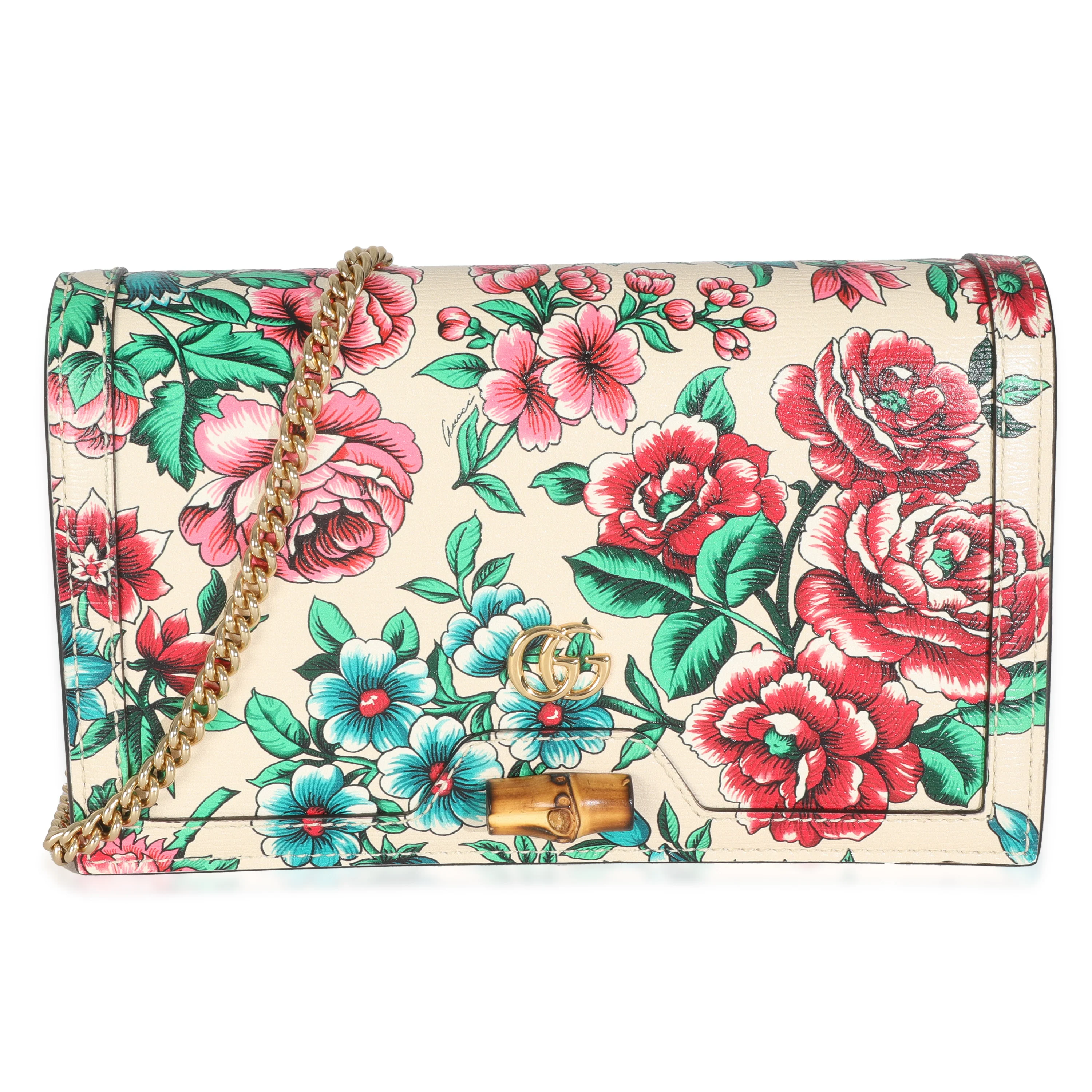 New Shanghai Floral Calfskin Bamboo Diana Chain Wallet