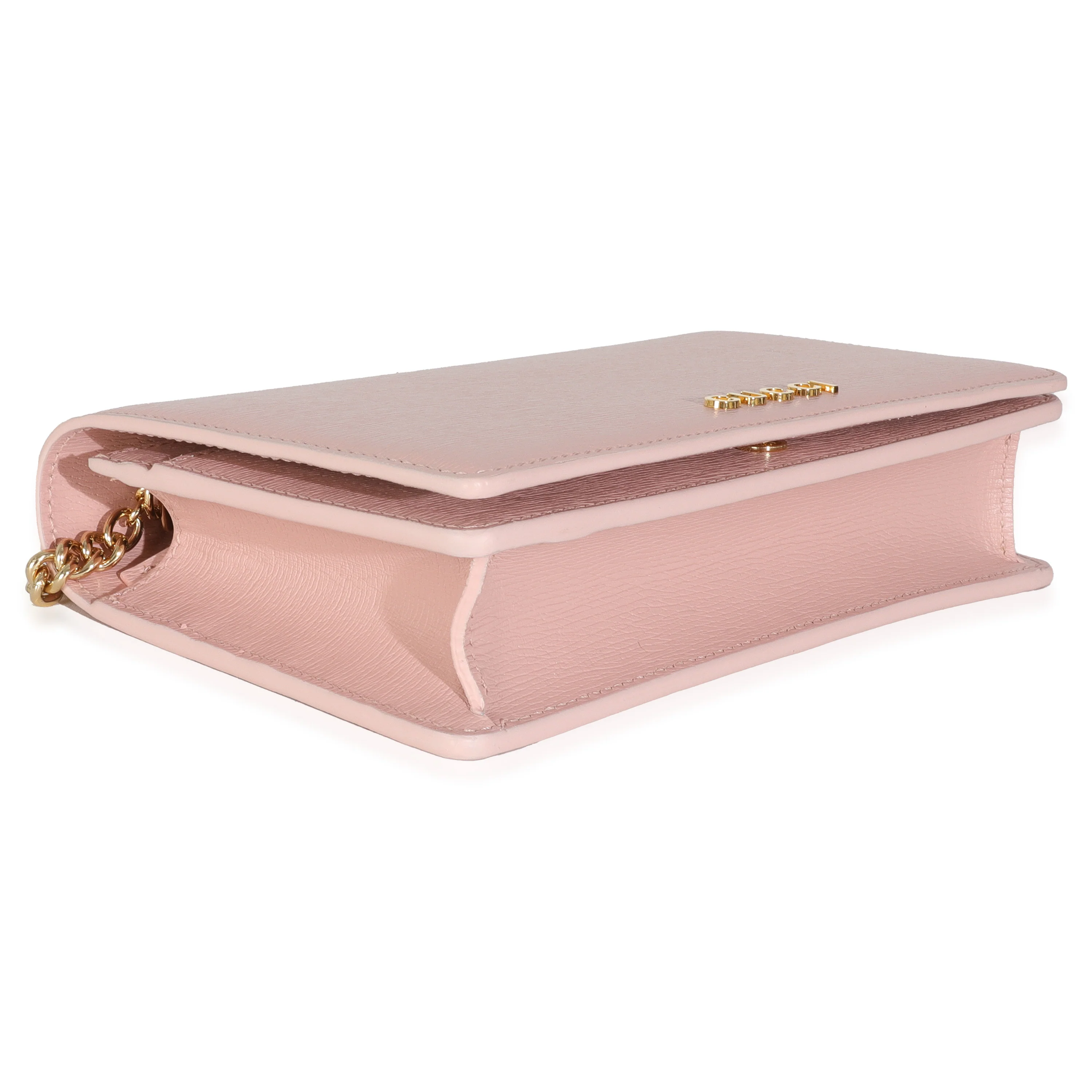 Light Pink Textured Calfskin Script Logo Wallet On Chain - Image 5