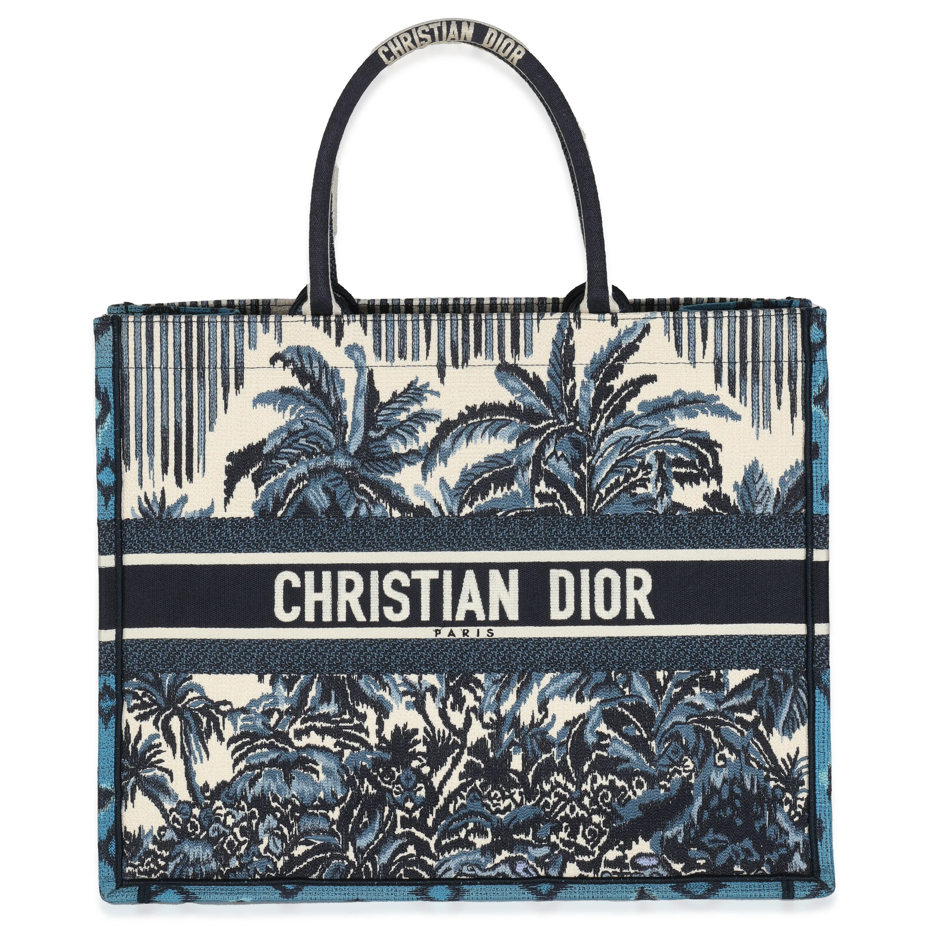 Blue Canvas Embroidered Palm Tree Toile De Jouy Large Book Tote