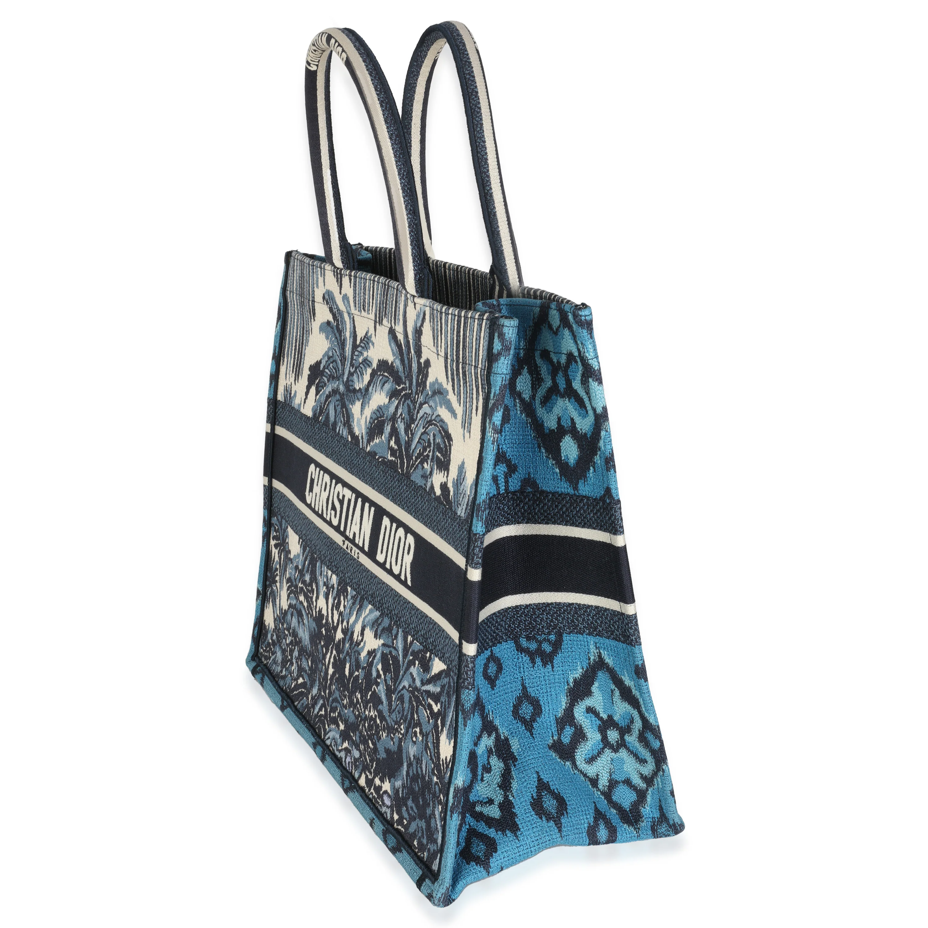 Blue Canvas Embroidered Palm Tree Toile De Jouy Large Book Tote - Image 2