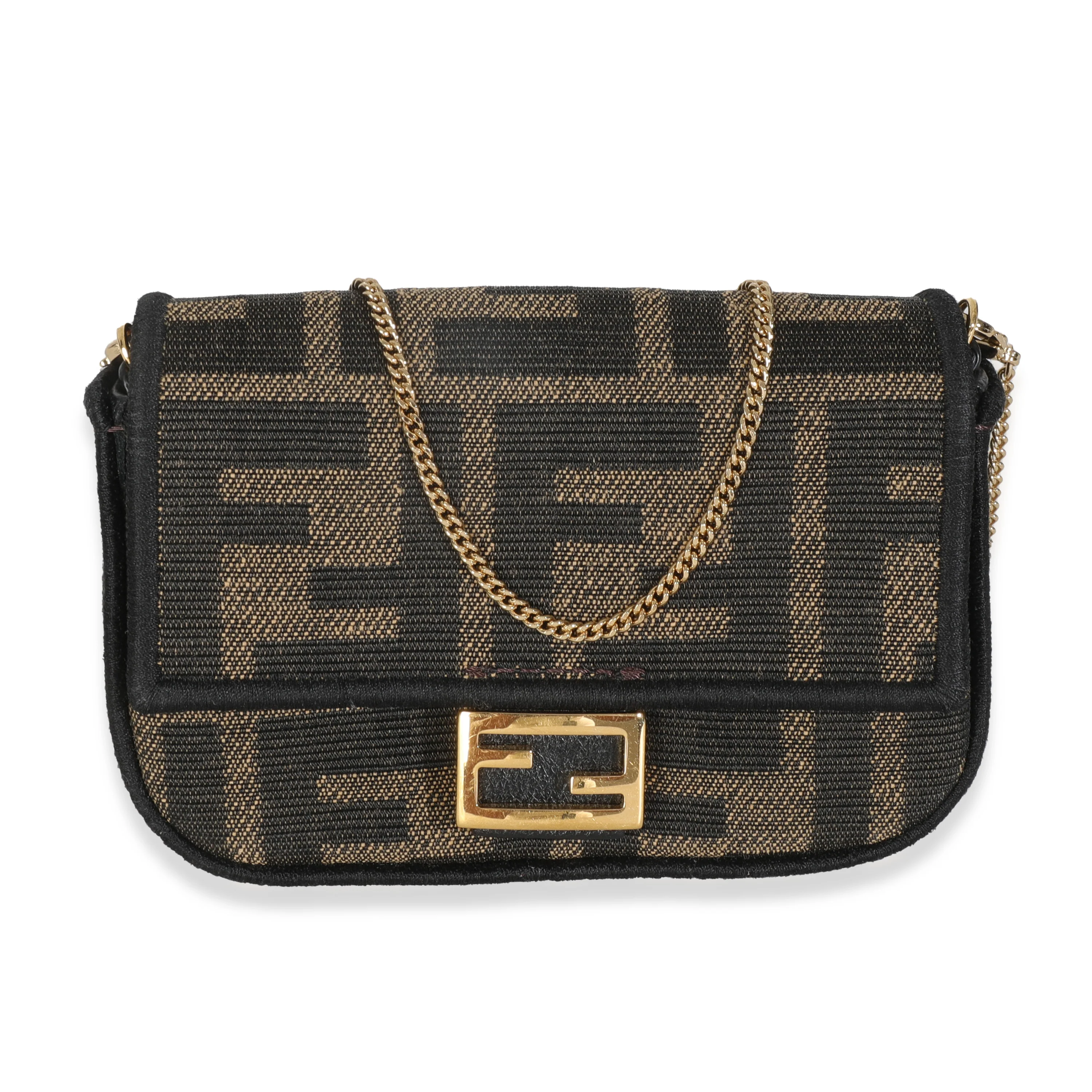 Brown Fabric Jacquard FF 1974 Nano Maxi Buckle Baguette Charm