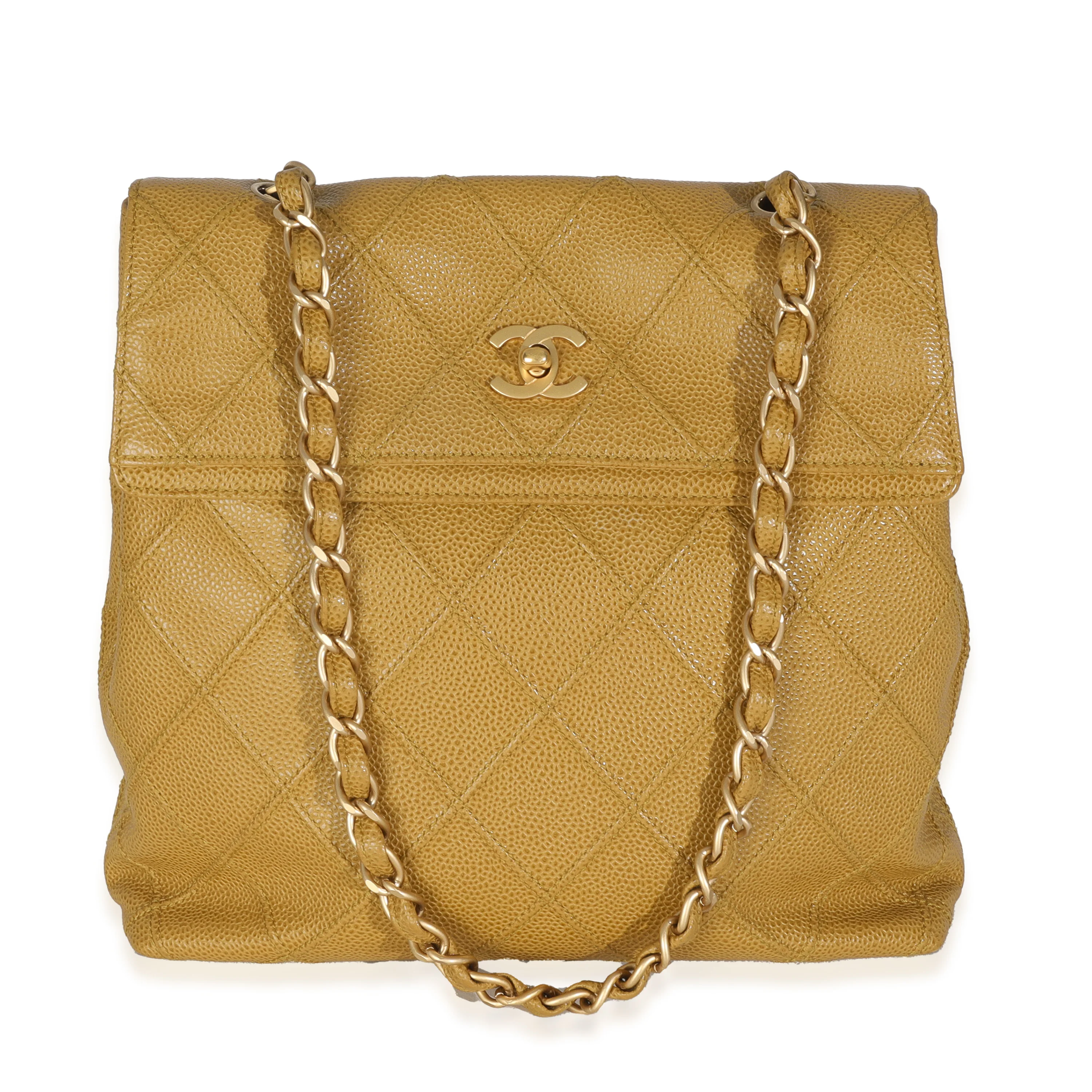Beige Quilted Caviar Chain Flap Shoulder Handbag