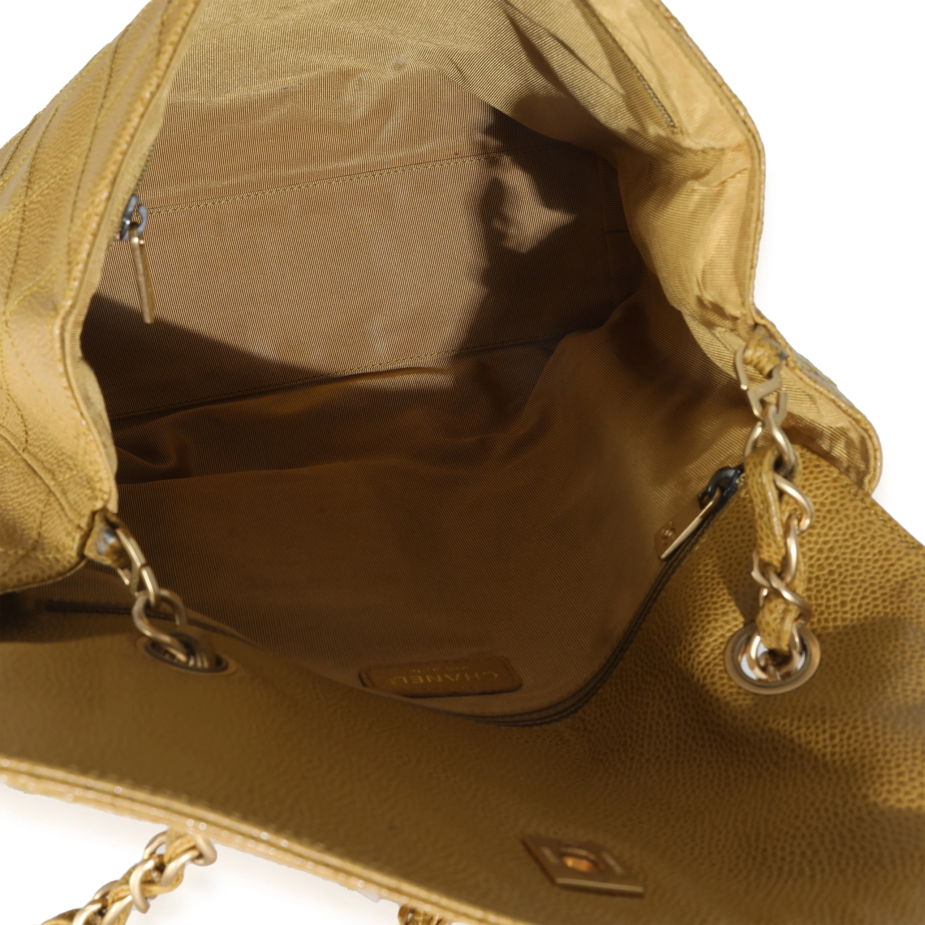 Beige Quilted Caviar Chain Flap Shoulder Handbag - Image 9
