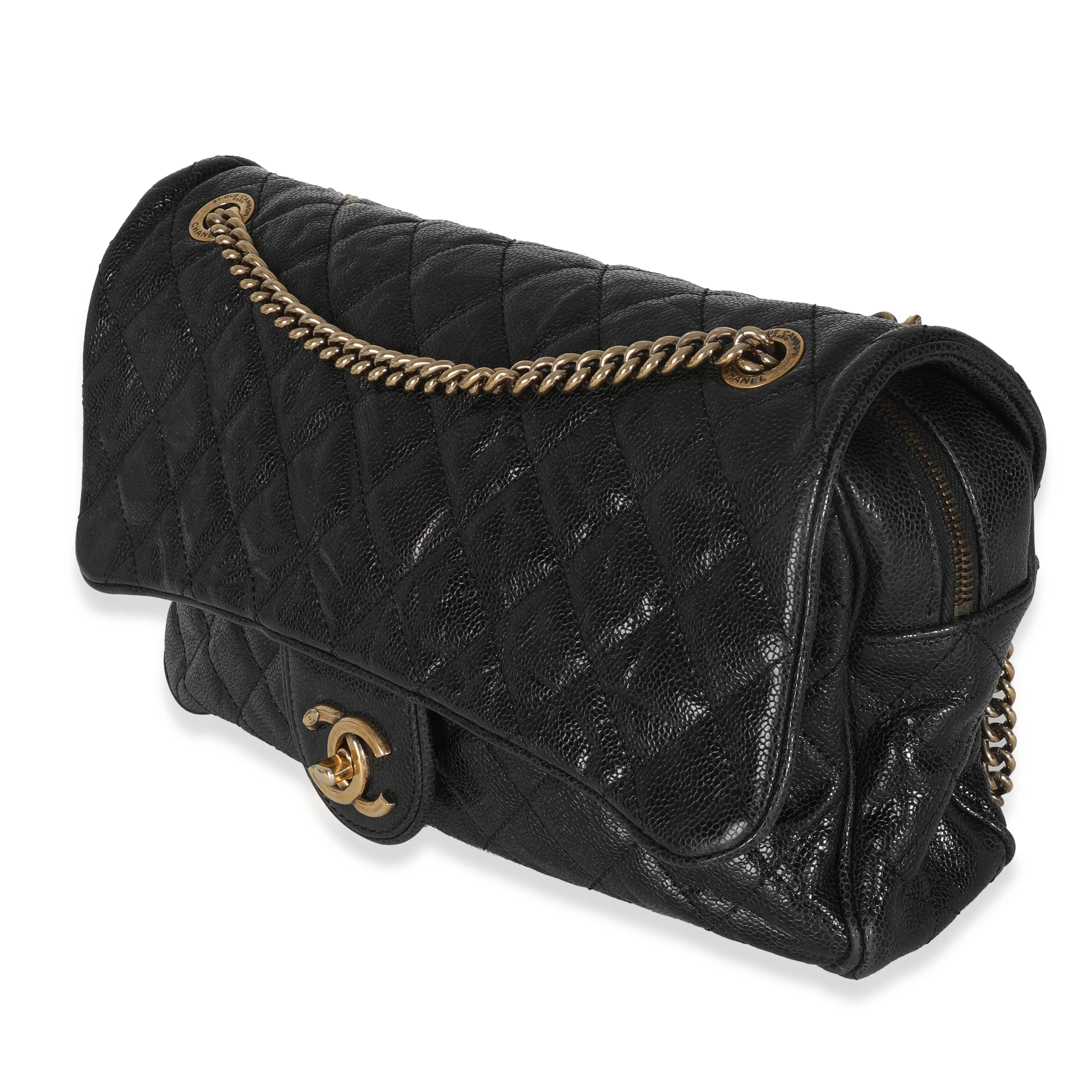 Black Quilted Distressed Caviar Shiva Flap Handbag - Image 3