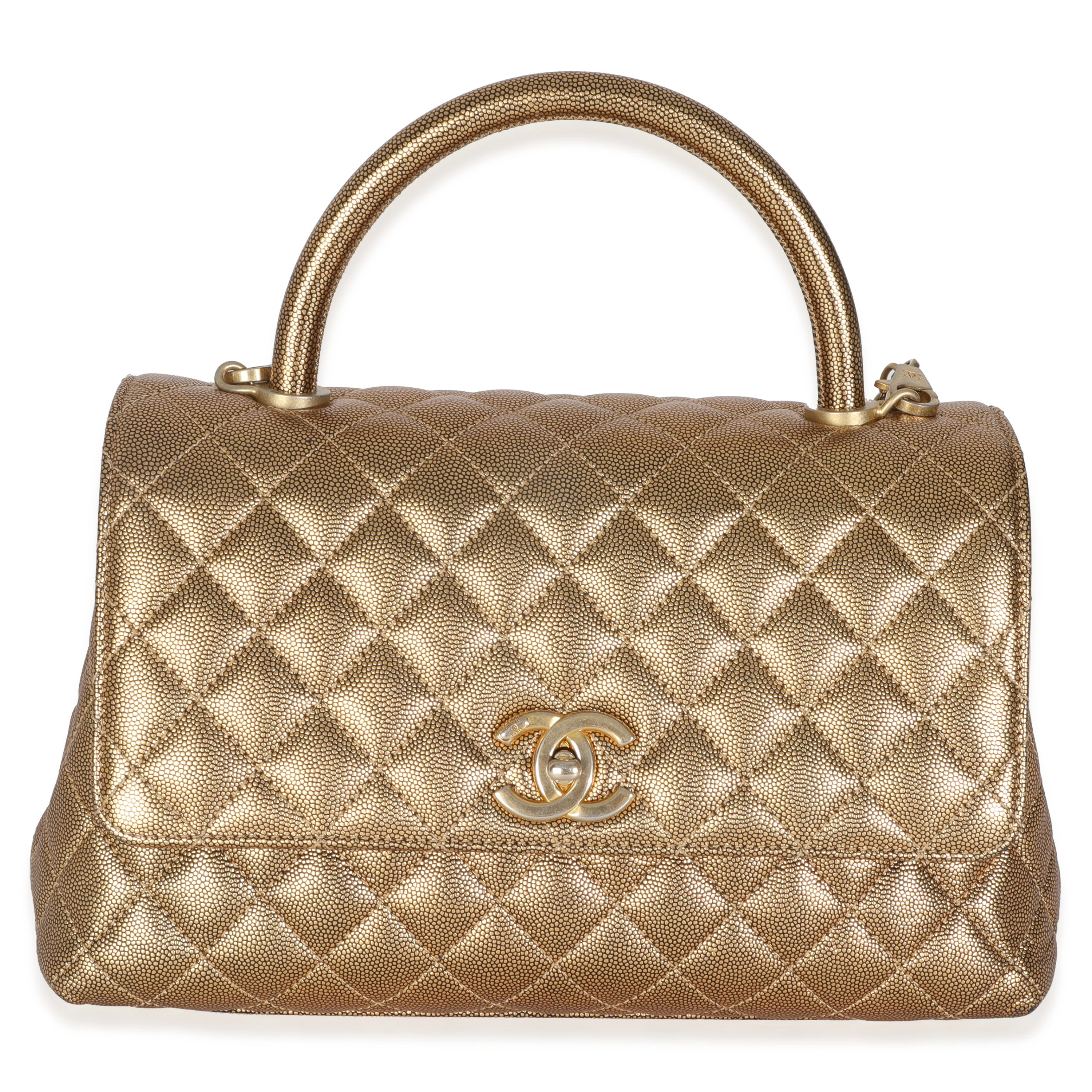 Bronze Metallic Quilted Caviar Small Coco Handle Flap Handbag
