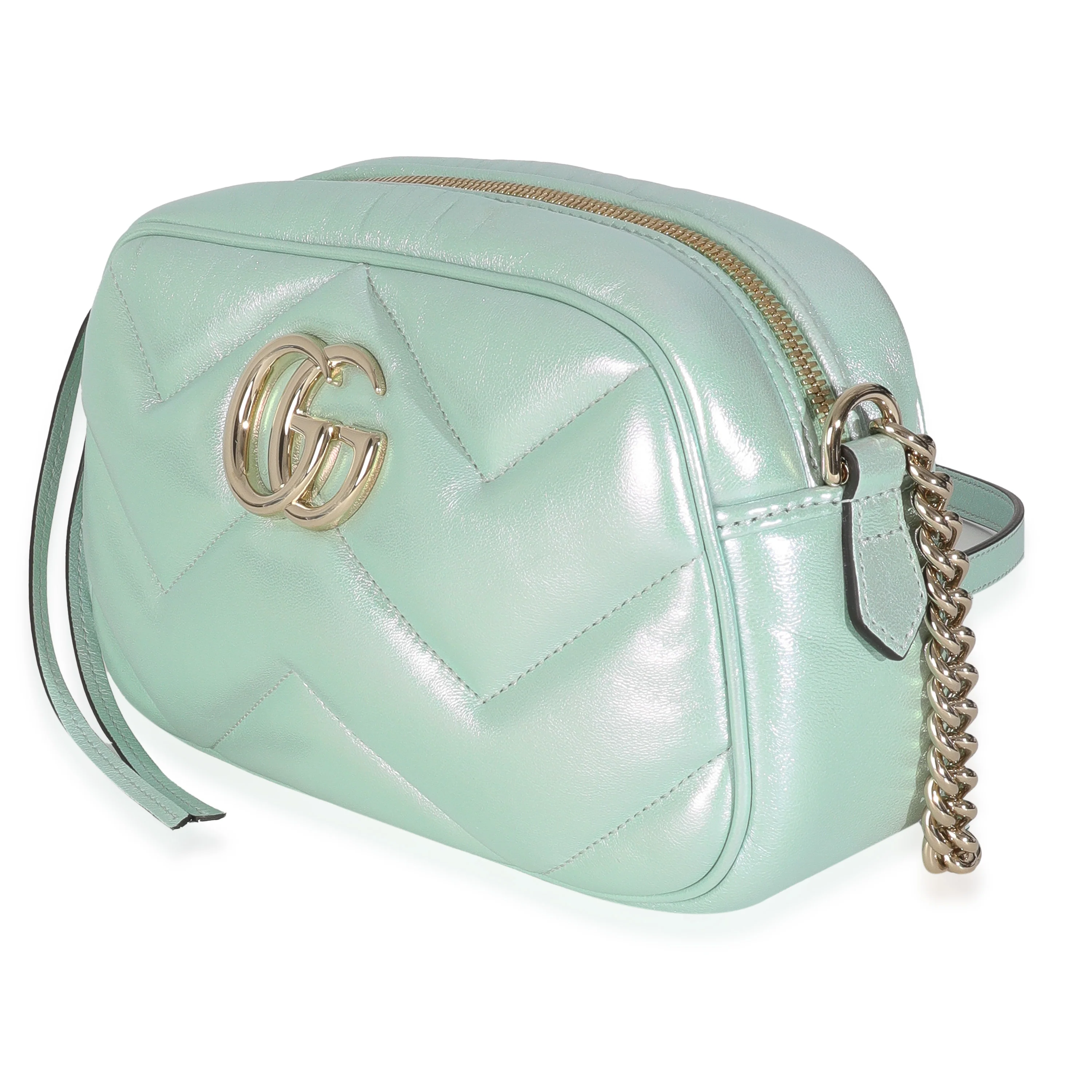 Salvy Green Iridescent Nappa Chevron Matelasse Small GG Marmont Chain Bag - Image 2