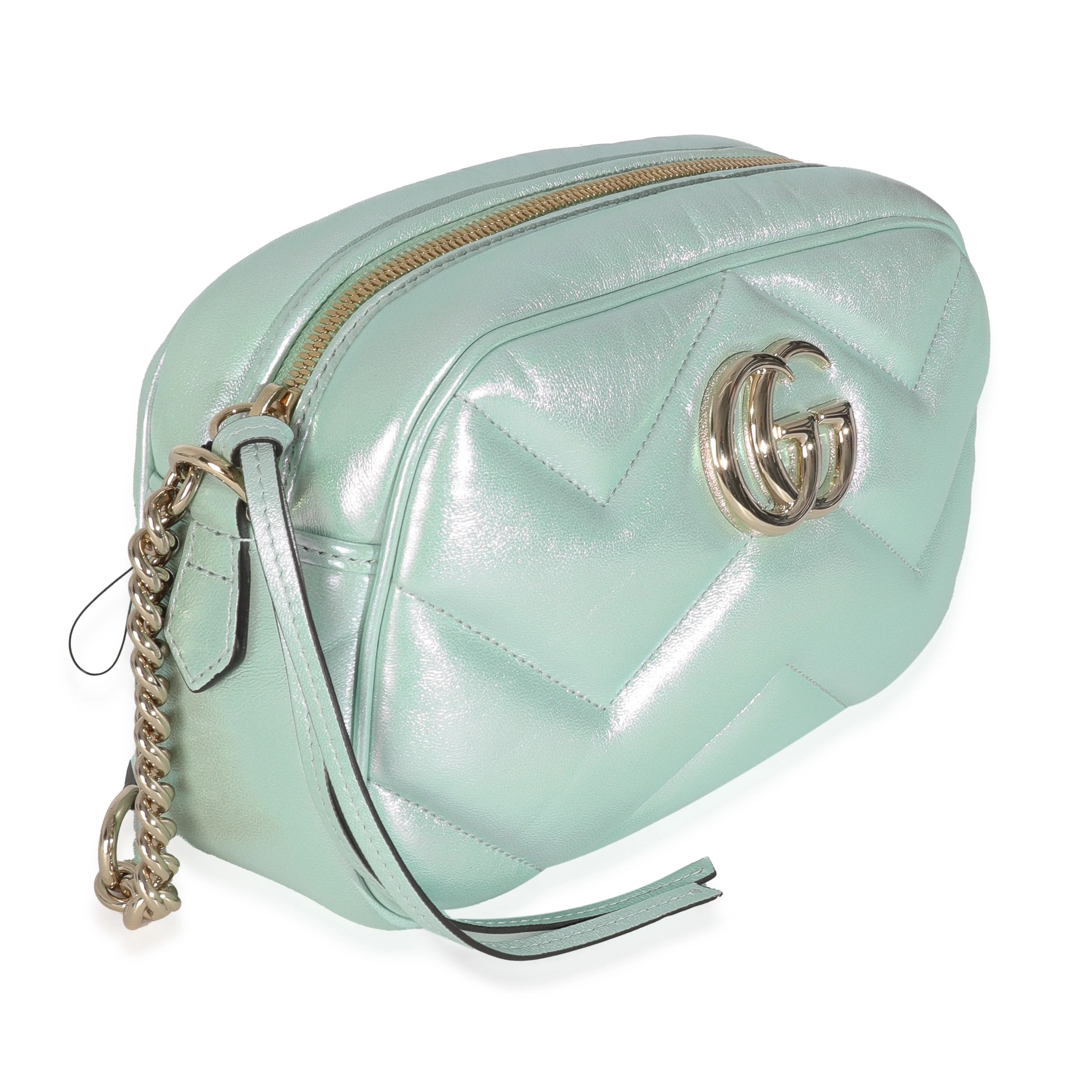 Salvy Green Iridescent Nappa Chevron Matelasse Small GG Marmont Chain Bag - Image 3