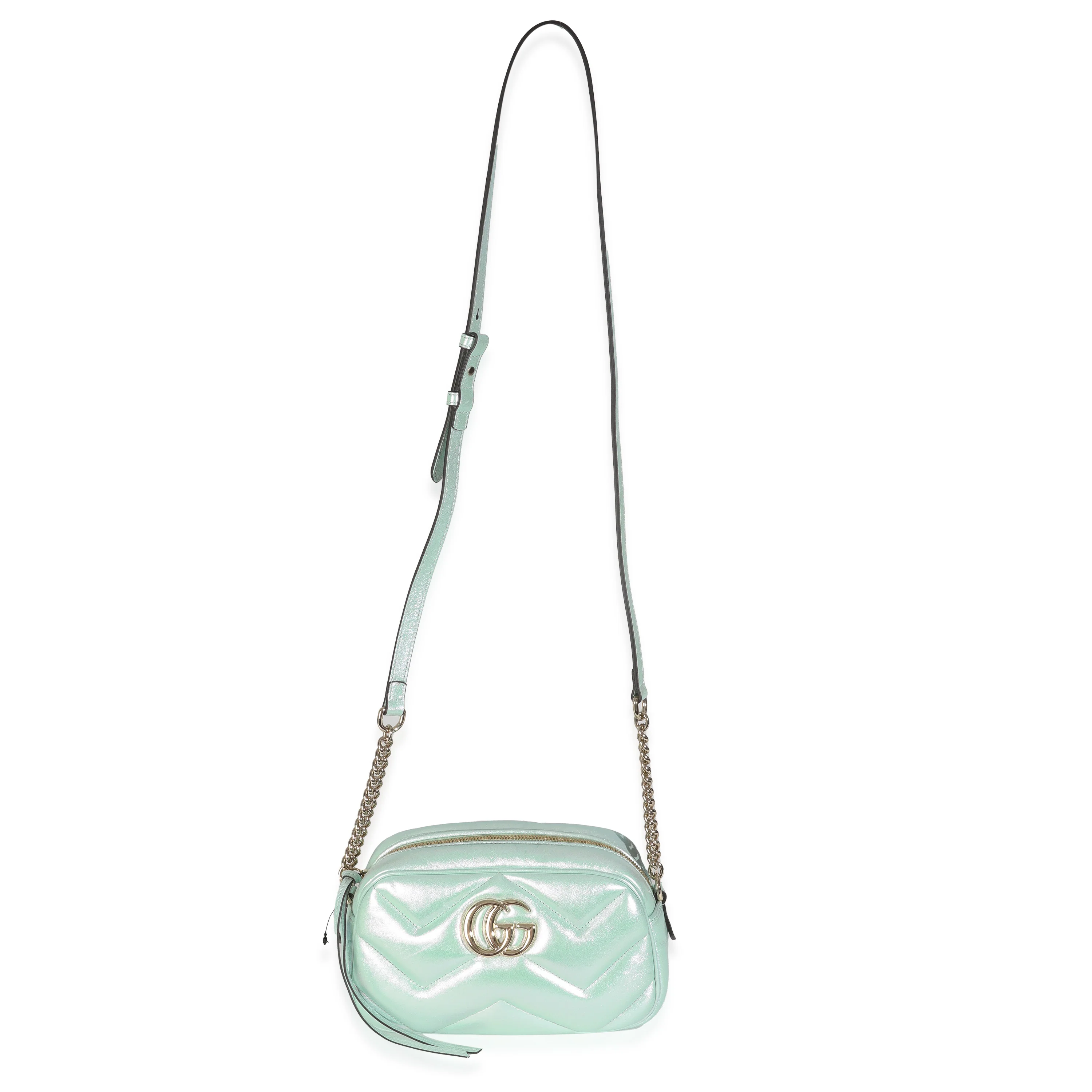 Salvy Green Iridescent Nappa Chevron Matelasse Small GG Marmont Chain Bag - Image 8