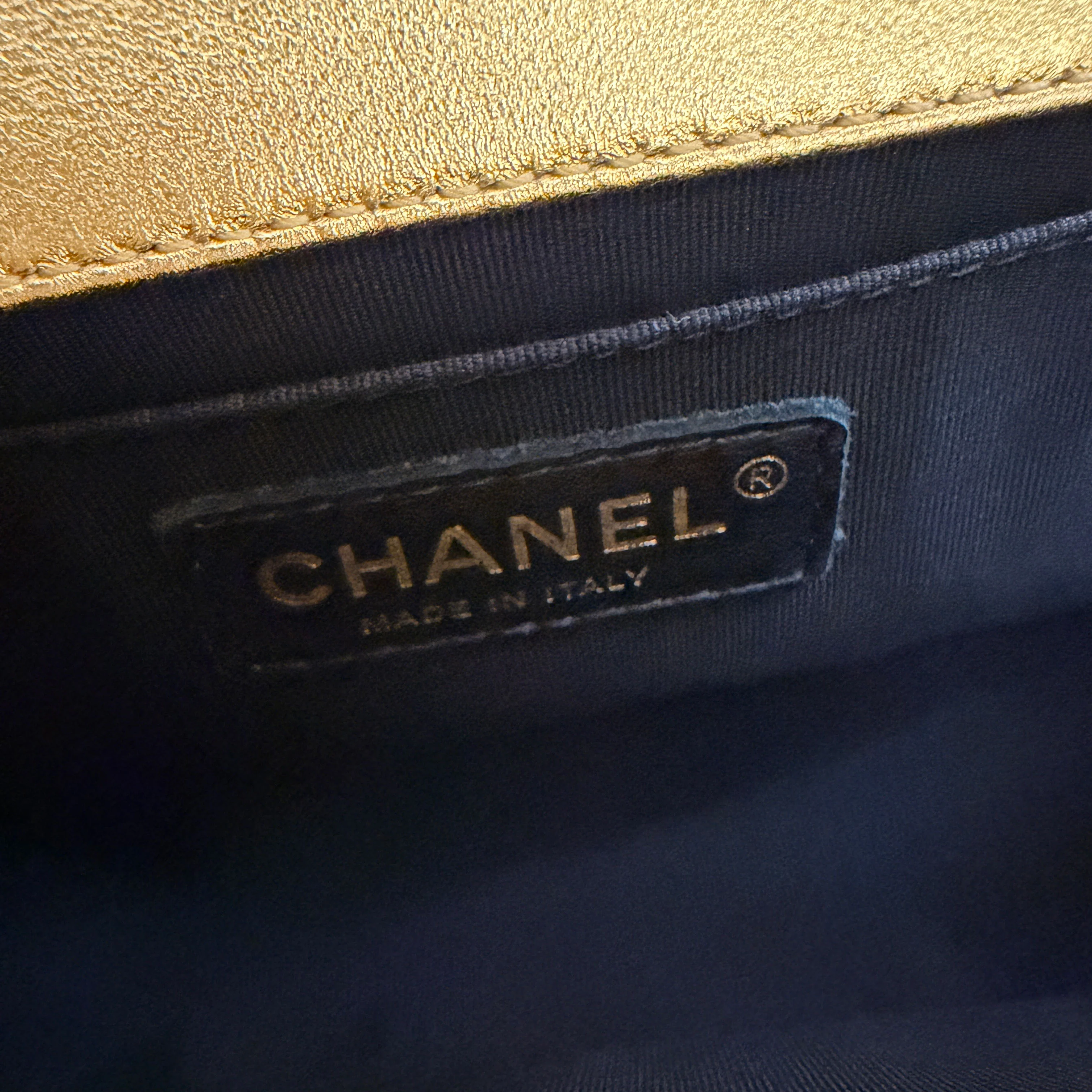 Gold Metallic Patent Calfskin Quilted Small Boy Bag - Image 11