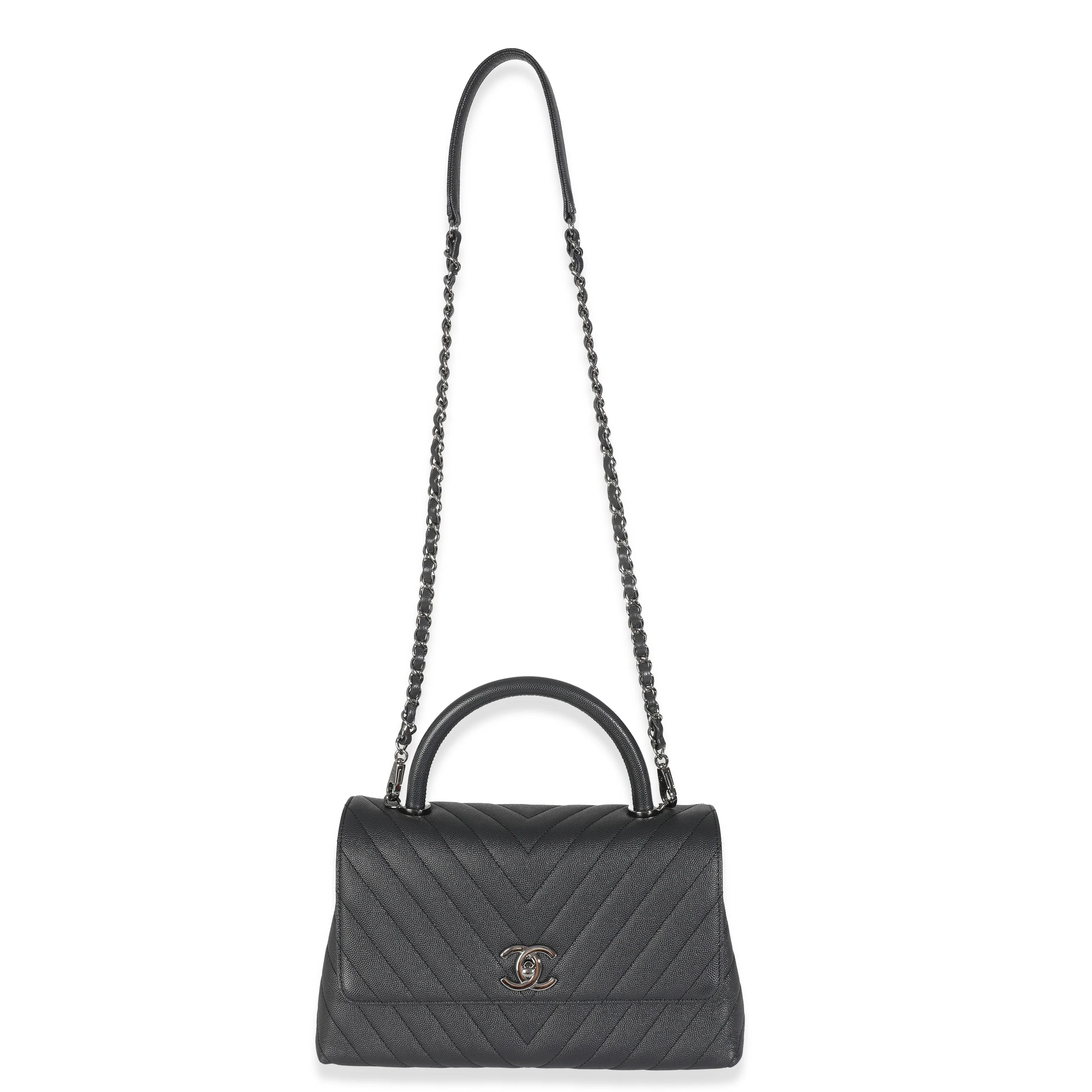 Grey Caviar Chevron Medium Coco Top Handle Bag - Image 8