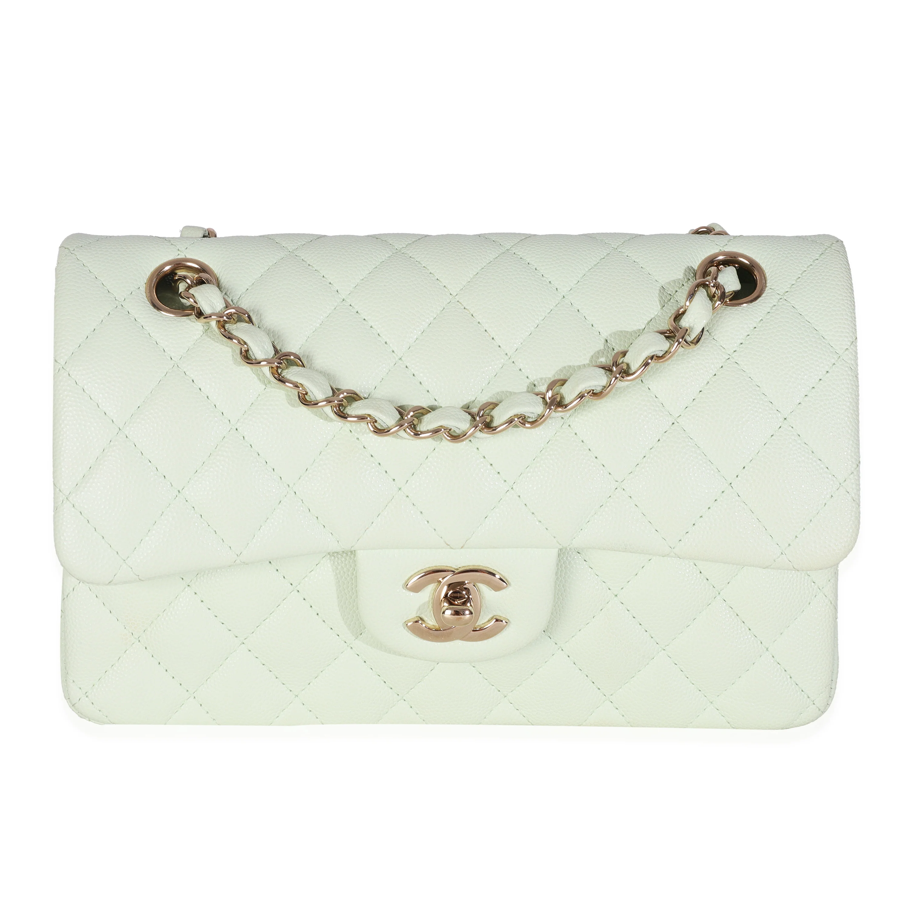 Light Green Quilted Caviar Small Classic Double Flap Handbag
