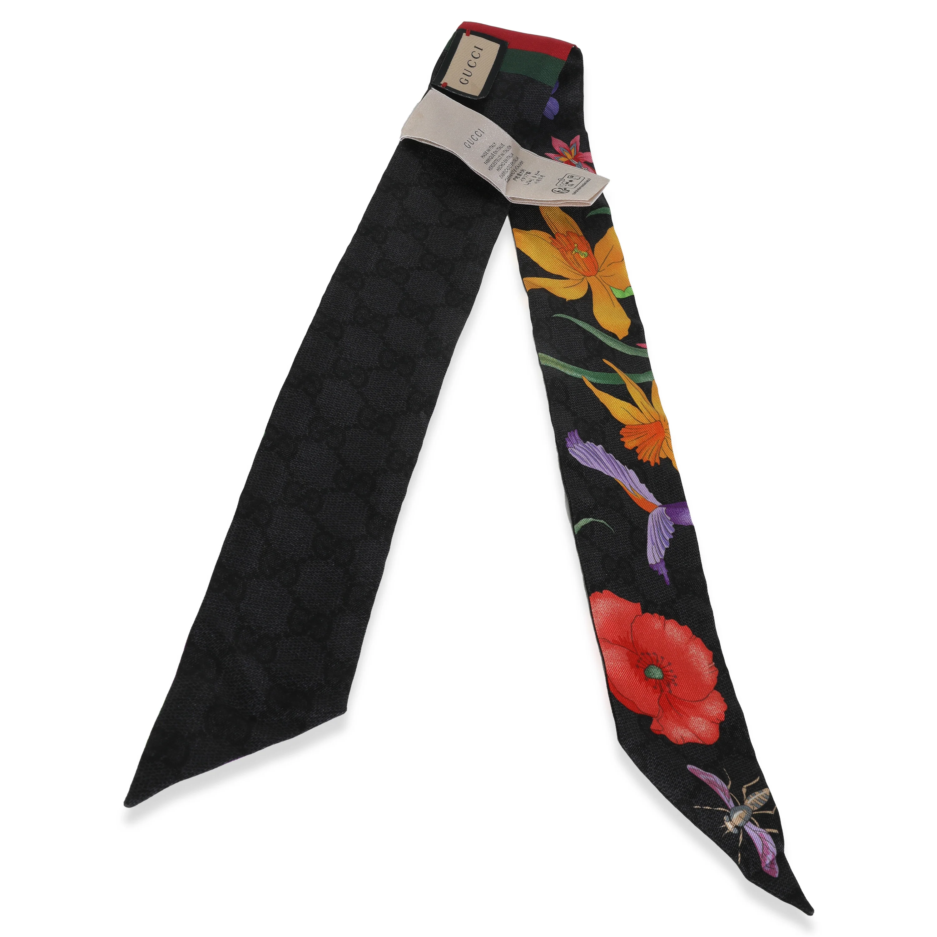 Black Multicolor Silk Twill GG Monogram Floral Twill Ribbon Scarf - Image 3