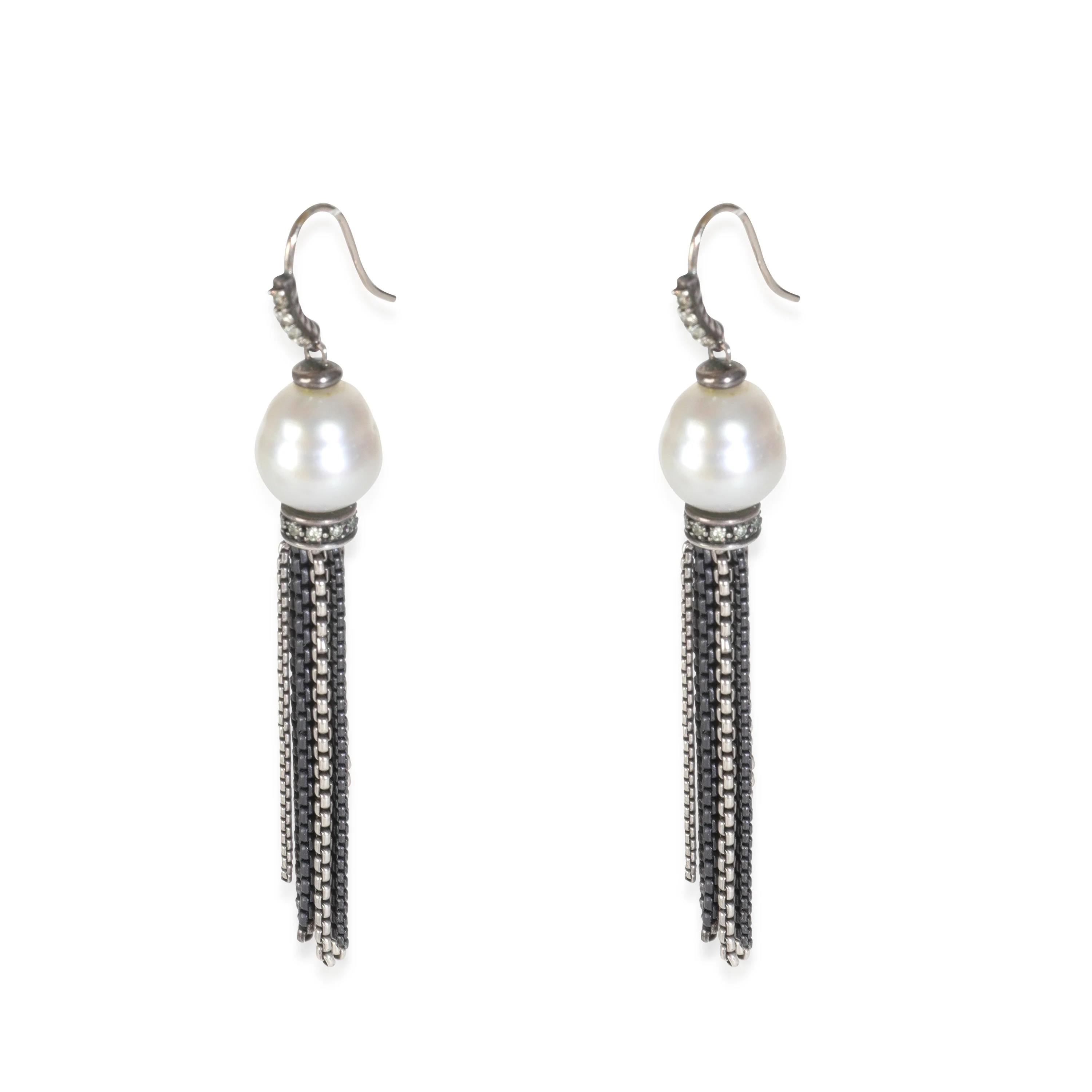 Sterling Silver Pearl and Diamond Tassel Earrings - Image 2