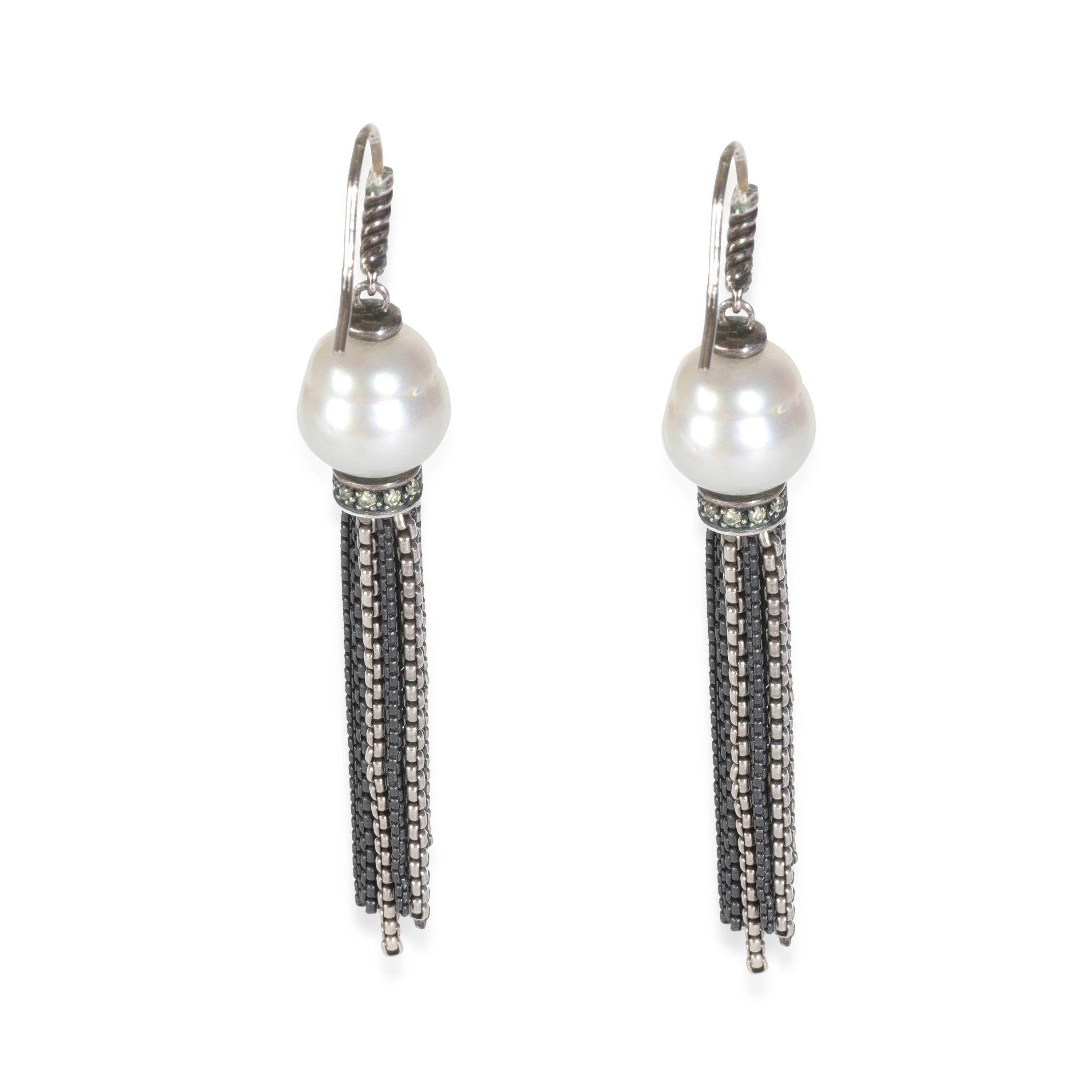 Sterling Silver Pearl and Diamond Tassel Earrings - Image 3