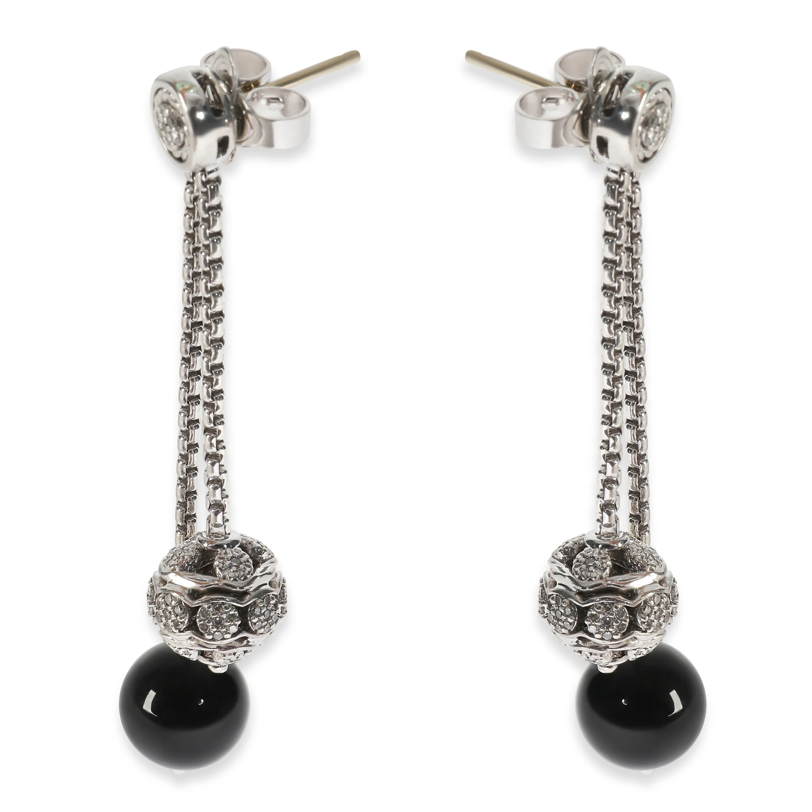Sterling Silver Onyx and Diamond Ball Drop Earrings - Image 2