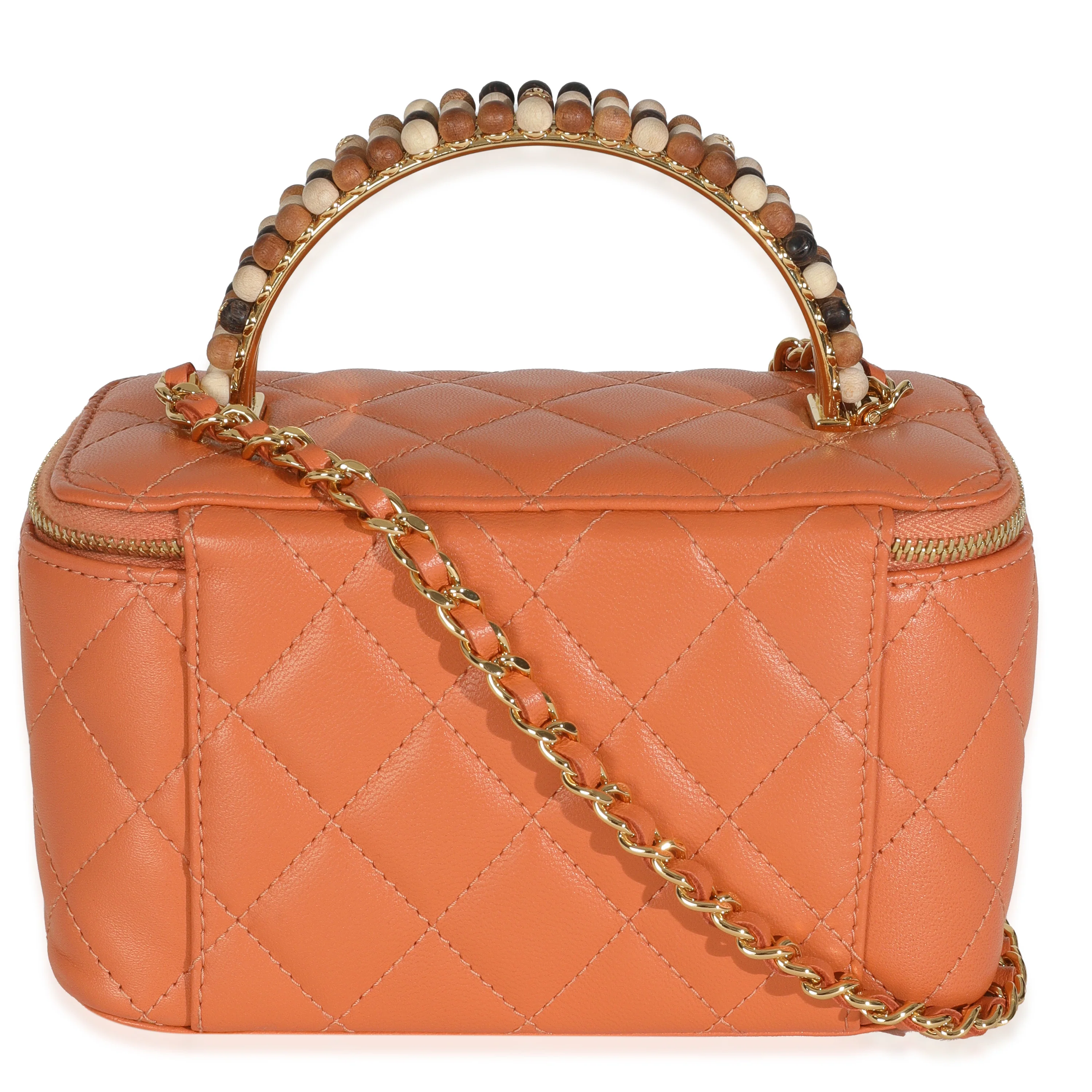 Orange Quilted Lambskin Beaded Small Top Handle Vanity Case With Chain - Image 4