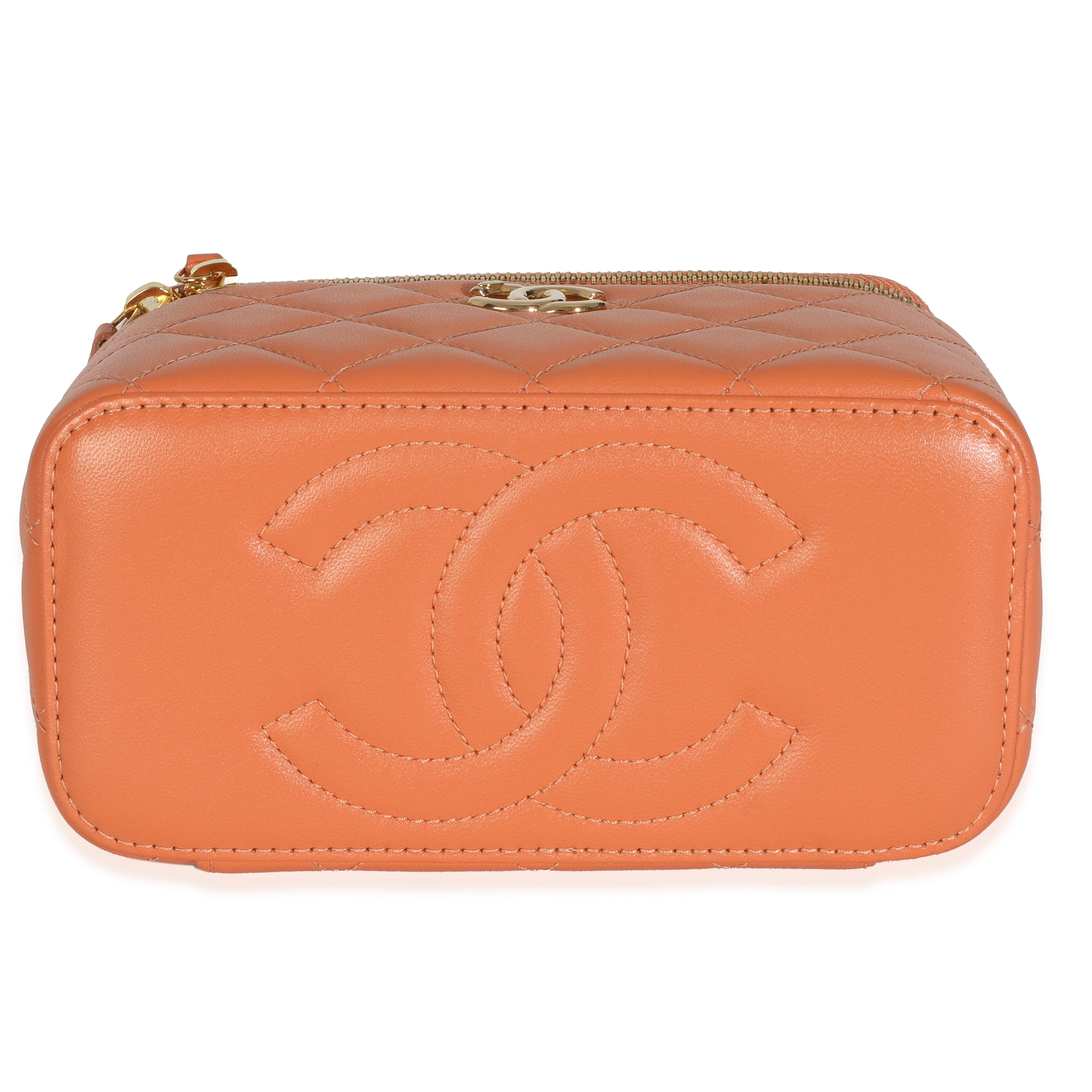 Orange Quilted Lambskin Beaded Small Top Handle Vanity Case With Chain - Image 5