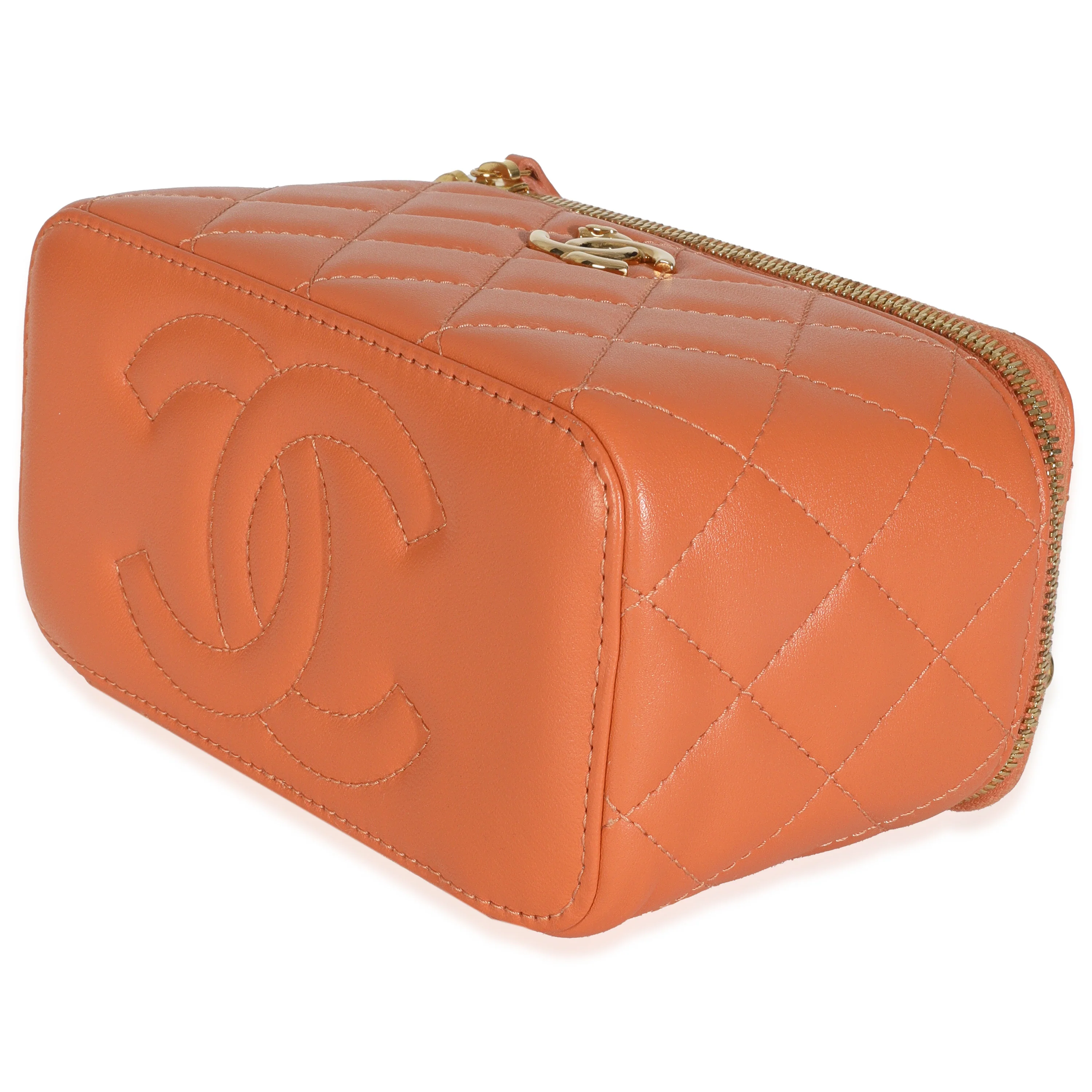 Orange Quilted Lambskin Beaded Small Top Handle Vanity Case With Chain - Image 7