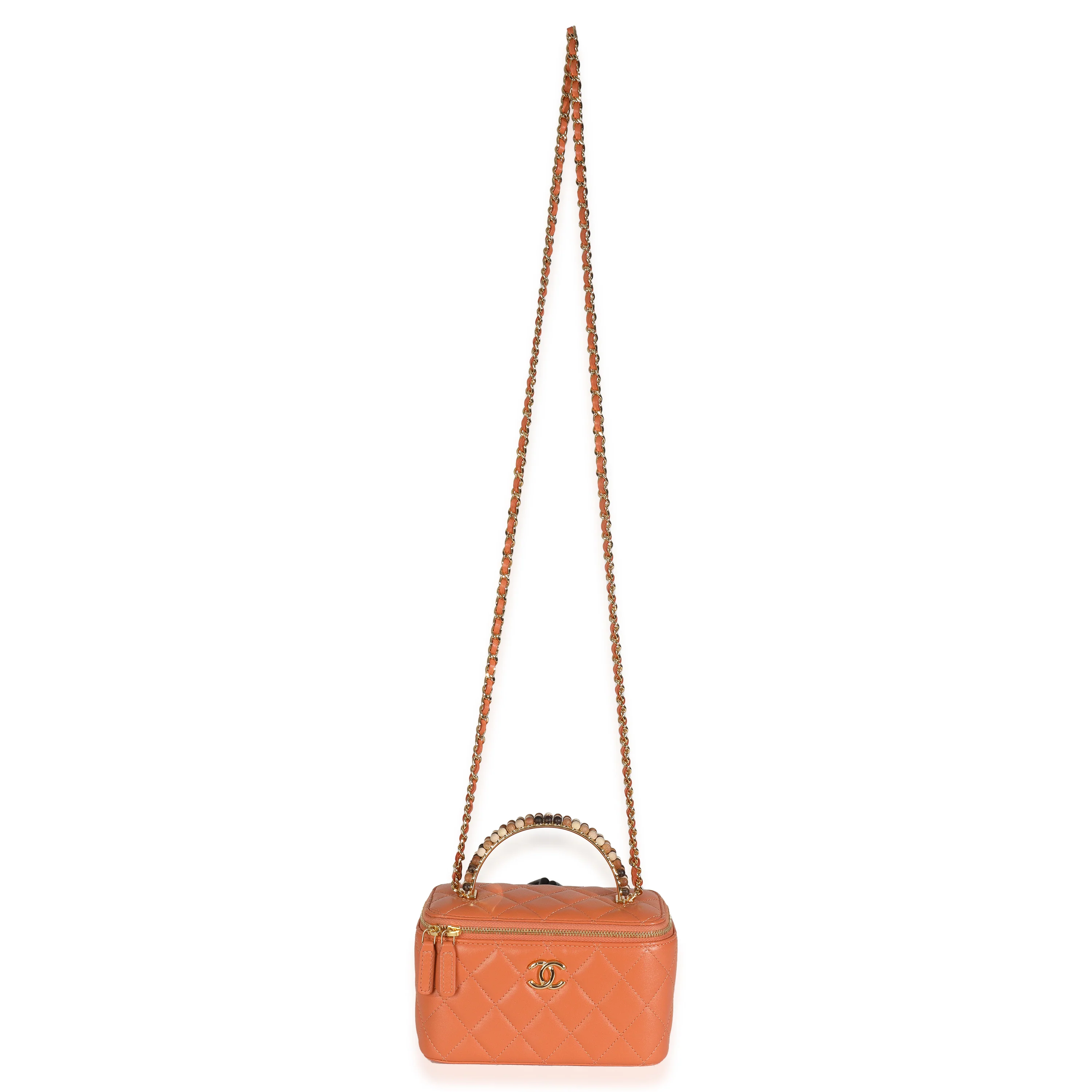 Orange Quilted Lambskin Beaded Small Top Handle Vanity Case With Chain - Image 8