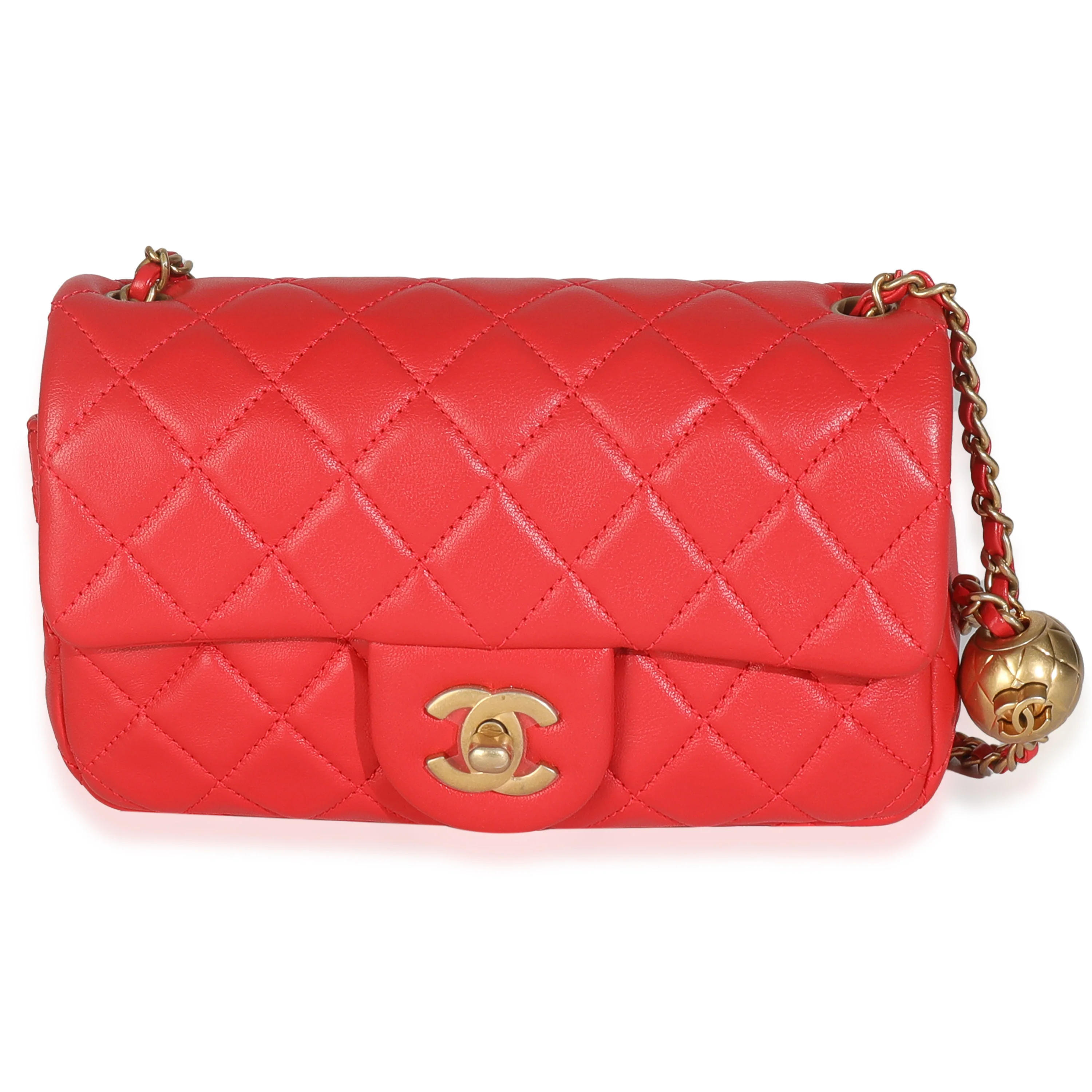 Red Quilted Lambskin Mini Pearl Crush Rectangular Flap Bag