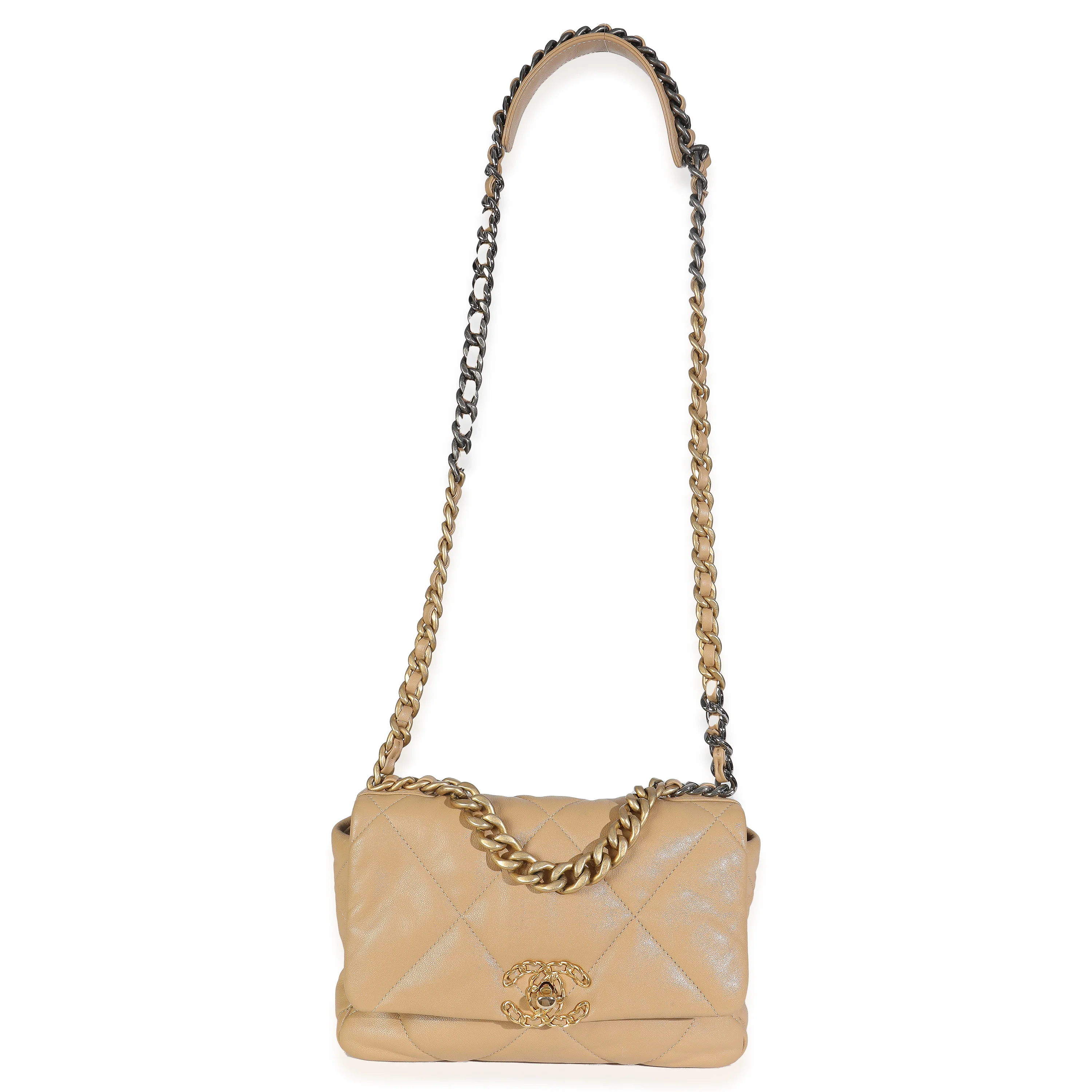 Beige Quilted Lambskin Chanel 19 Flap Bag - Image 8