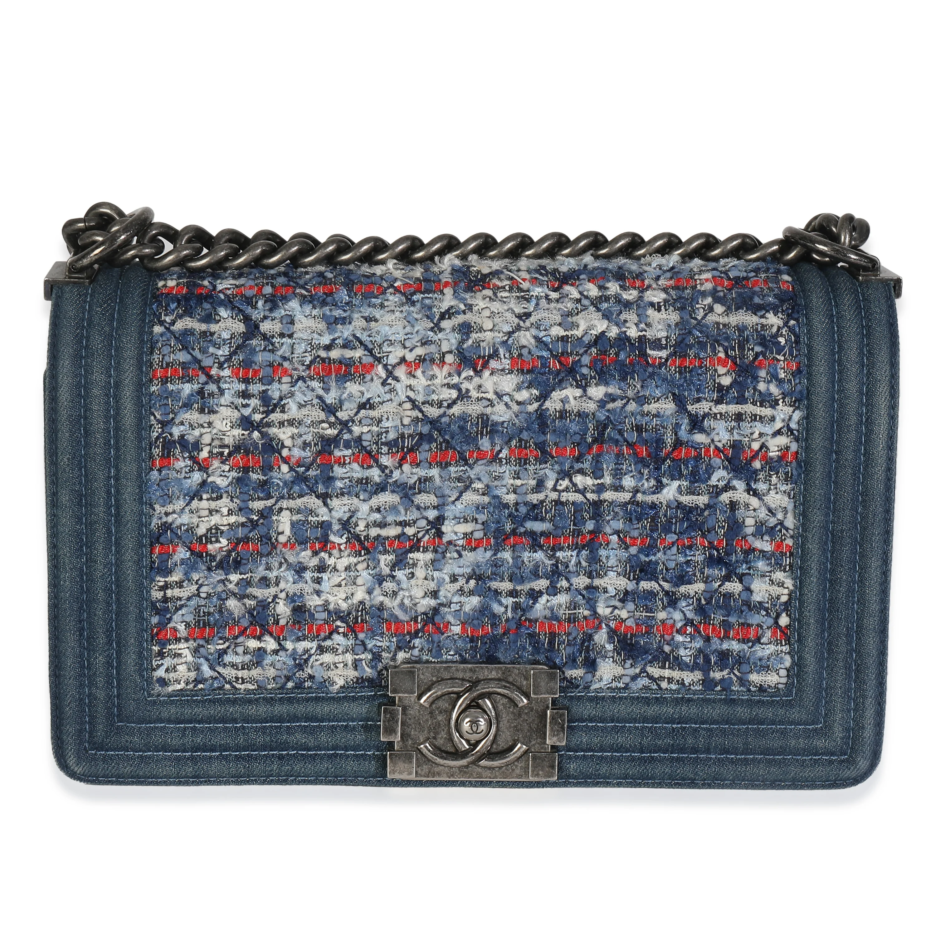 Blue Multicolor Denim Quilted Tweed Old Medium Boy Bag