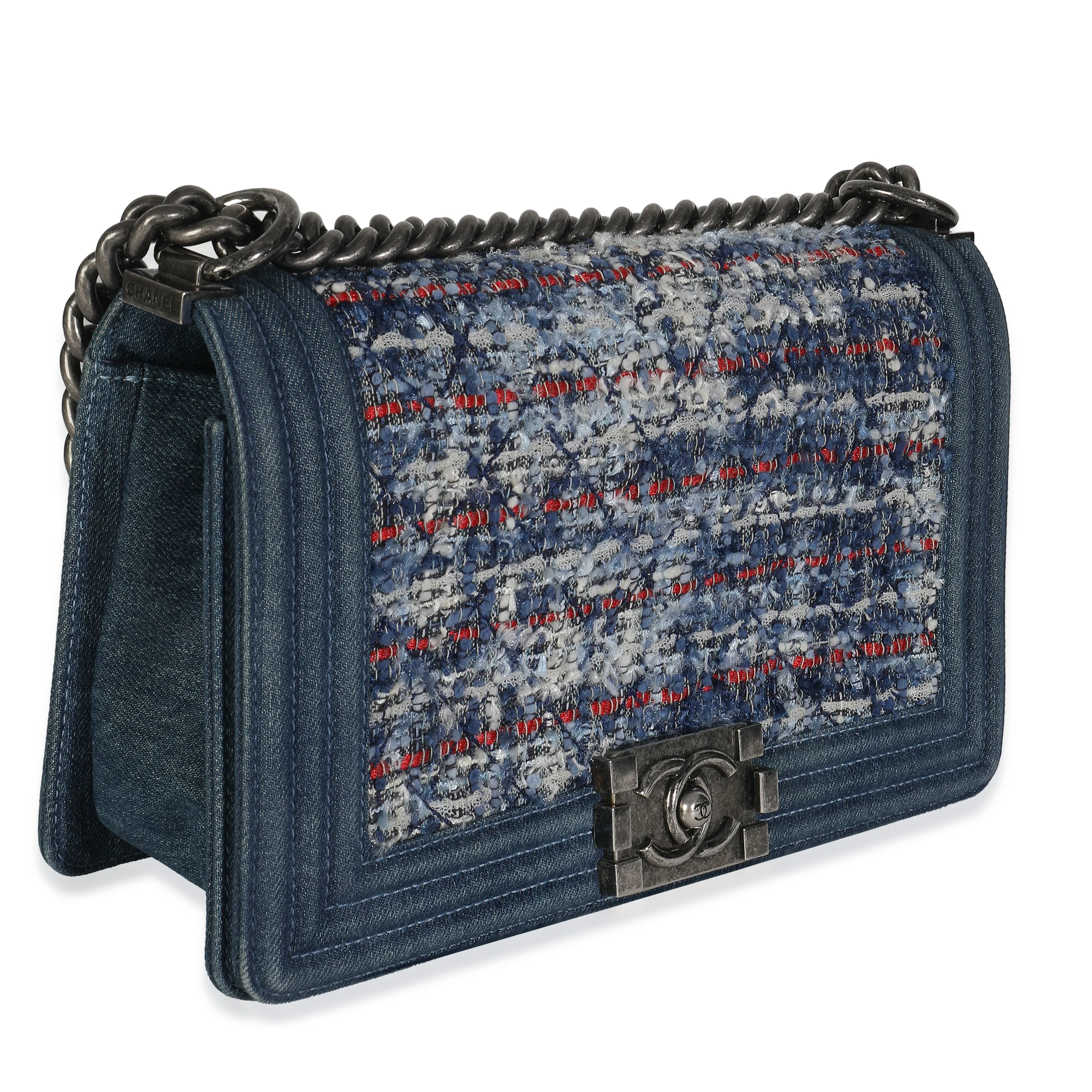 Blue Multicolor Denim Quilted Tweed Old Medium Boy Bag - Image 3