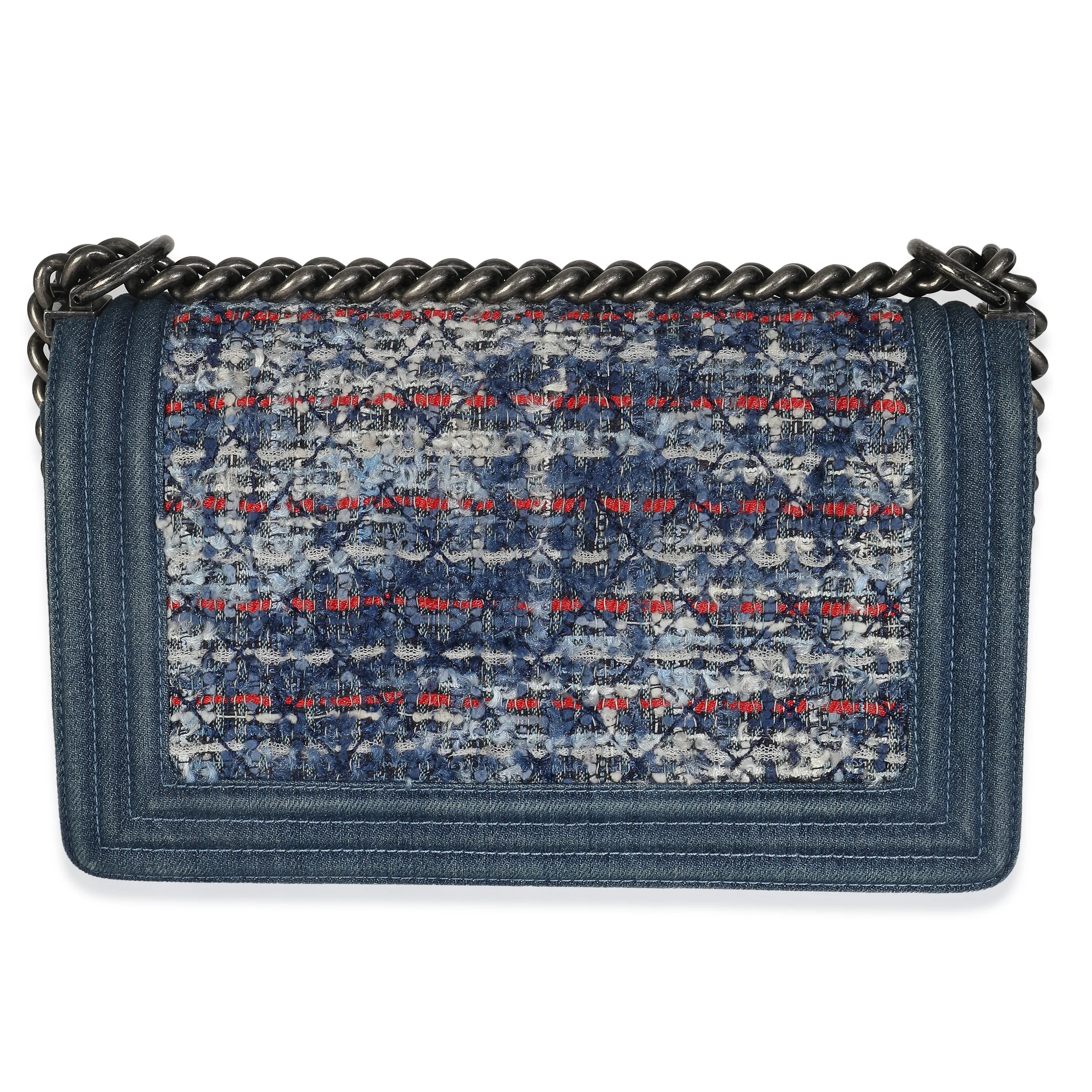Blue Multicolor Denim Quilted Tweed Old Medium Boy Bag - Image 4
