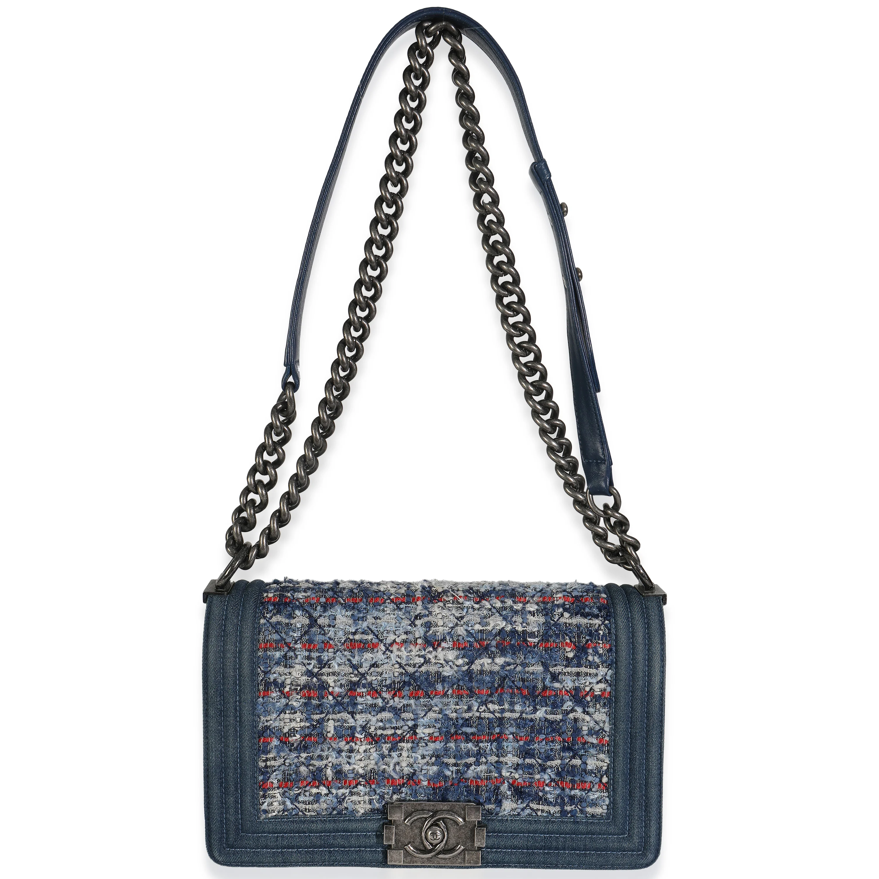 Blue Multicolor Denim Quilted Tweed Old Medium Boy Bag - Image 8
